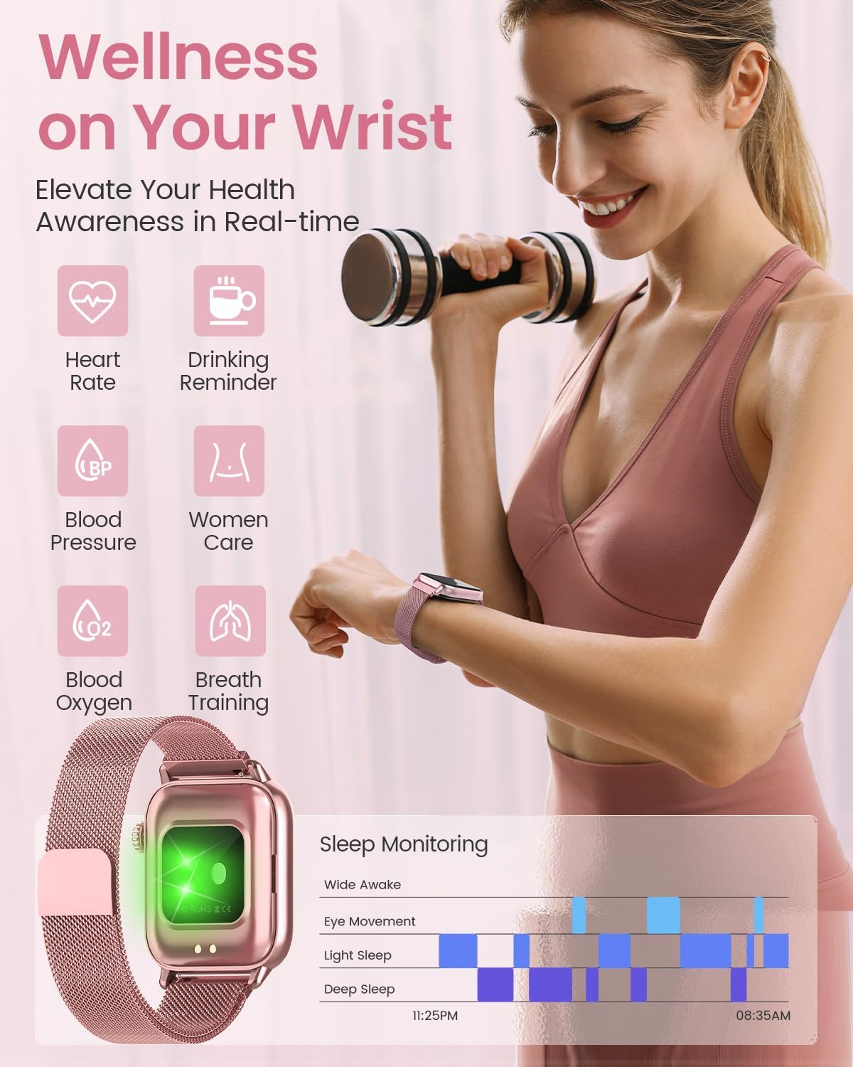 BANLVS Smartwatch Damen mit Telefonfunktion 1,85'' Zoll Fitnessuhr Damen mit SpO2, Herzfrequenz, Schlafmonitor, Menstruationszyklus, IP68 wasserdichte Sportuhr für iOS und Android (Rosa) - 3 BANLVS Smartwatch Damen mit Telefonfunktion 1,85'' Zoll Fitnessuhr Damen mit SpO2, Herzfrequenz, Schlafmonitor, Menstruationszyklus, IP68 wasserdichte Sportuhr für iOS und Android (Rosa) - 3