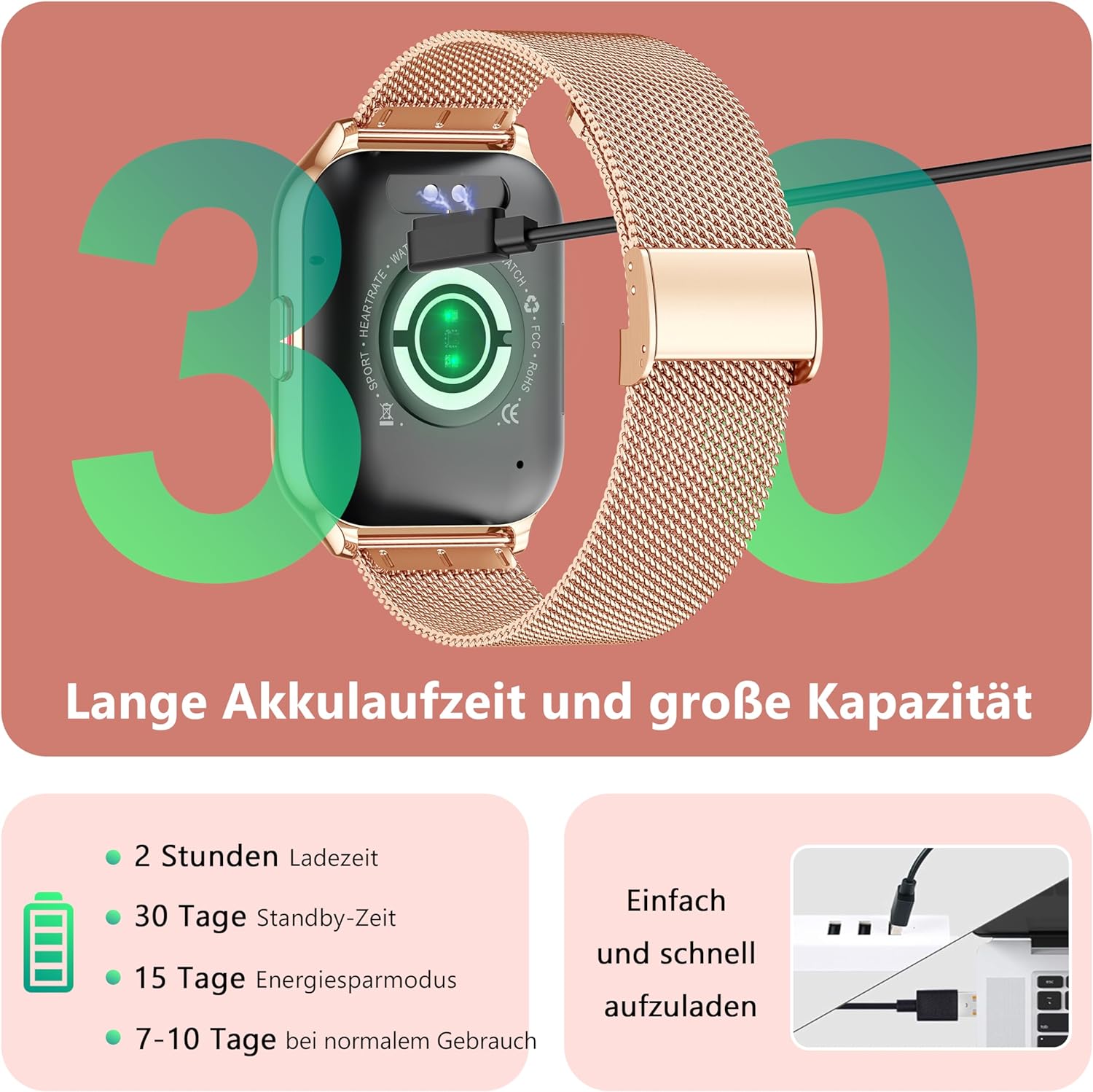 Narcid Smartwatch 2 Zoll für Damen Herren,Fitnesstracker mit Telefonfunktion/Sprachassistent/Message Reminder,Fitnessuhr Puls-Schlaf-Monitor, Sportuhr 100+ Sportmodi IP68 Wasserdicht für iOS/Android Pink+Rosegold - 7 Narcid Smartwatch 2 Zoll für Damen Herren,Fitnesstracker mit Telefonfunktion/Sprachassistent/Message Reminder,Fitnessuhr Puls-Schlaf-Monitor, Sportuhr 100+ Sportmodi IP68 Wasserdicht für iOS/Android Pink+Rosegold - 7