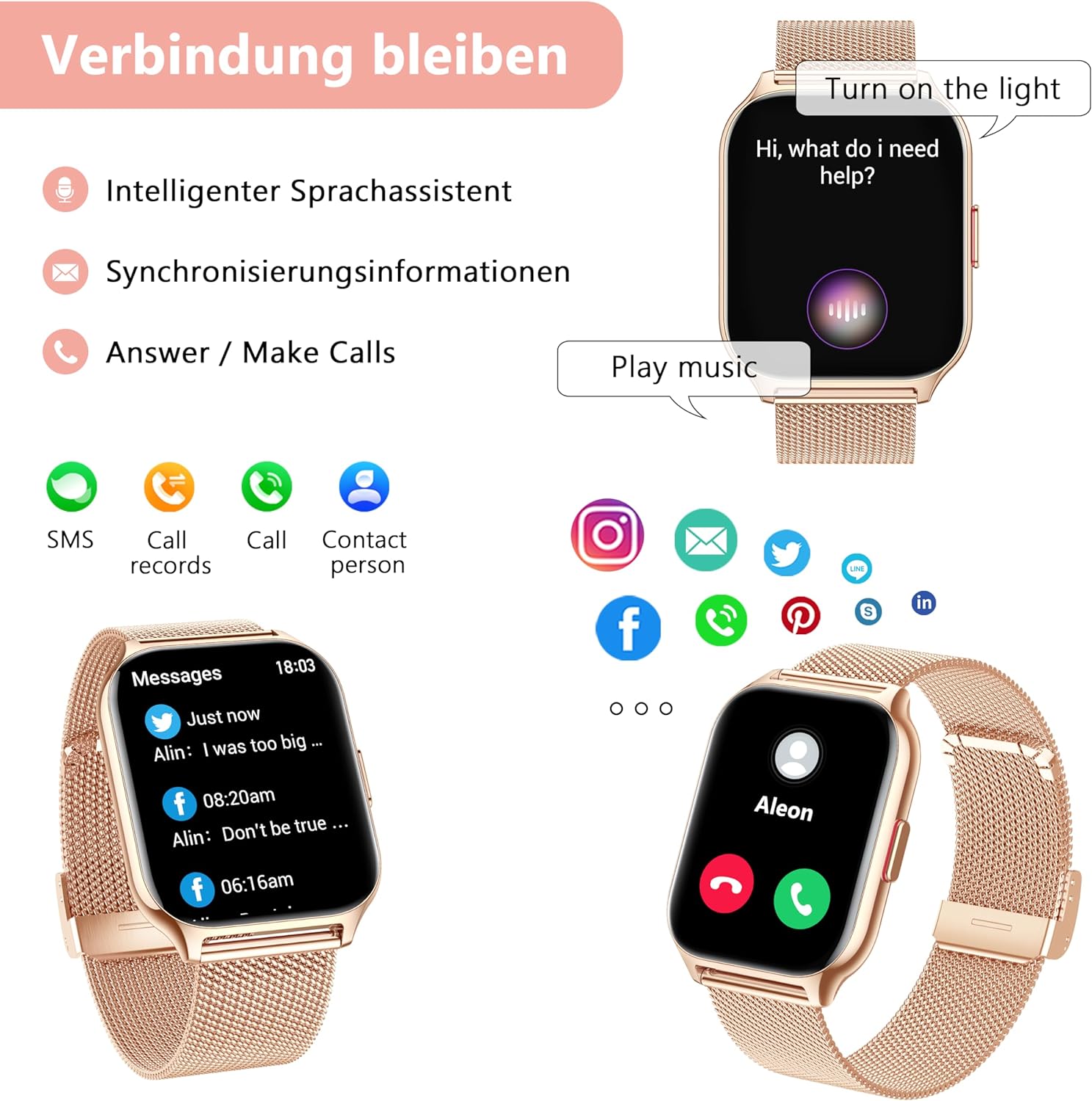 Narcid Smartwatch 2 Zoll für Damen Herren,Fitnesstracker mit Telefonfunktion/Sprachassistent/Message Reminder,Fitnessuhr Puls-Schlaf-Monitor, Sportuhr 100+ Sportmodi IP68 Wasserdicht für iOS/Android Pink+Rosegold - 3 Narcid Smartwatch 2 Zoll für Damen Herren,Fitnesstracker mit Telefonfunktion/Sprachassistent/Message Reminder,Fitnessuhr Puls-Schlaf-Monitor, Sportuhr 100+ Sportmodi IP68 Wasserdicht für iOS/Android Pink+Rosegold - 3