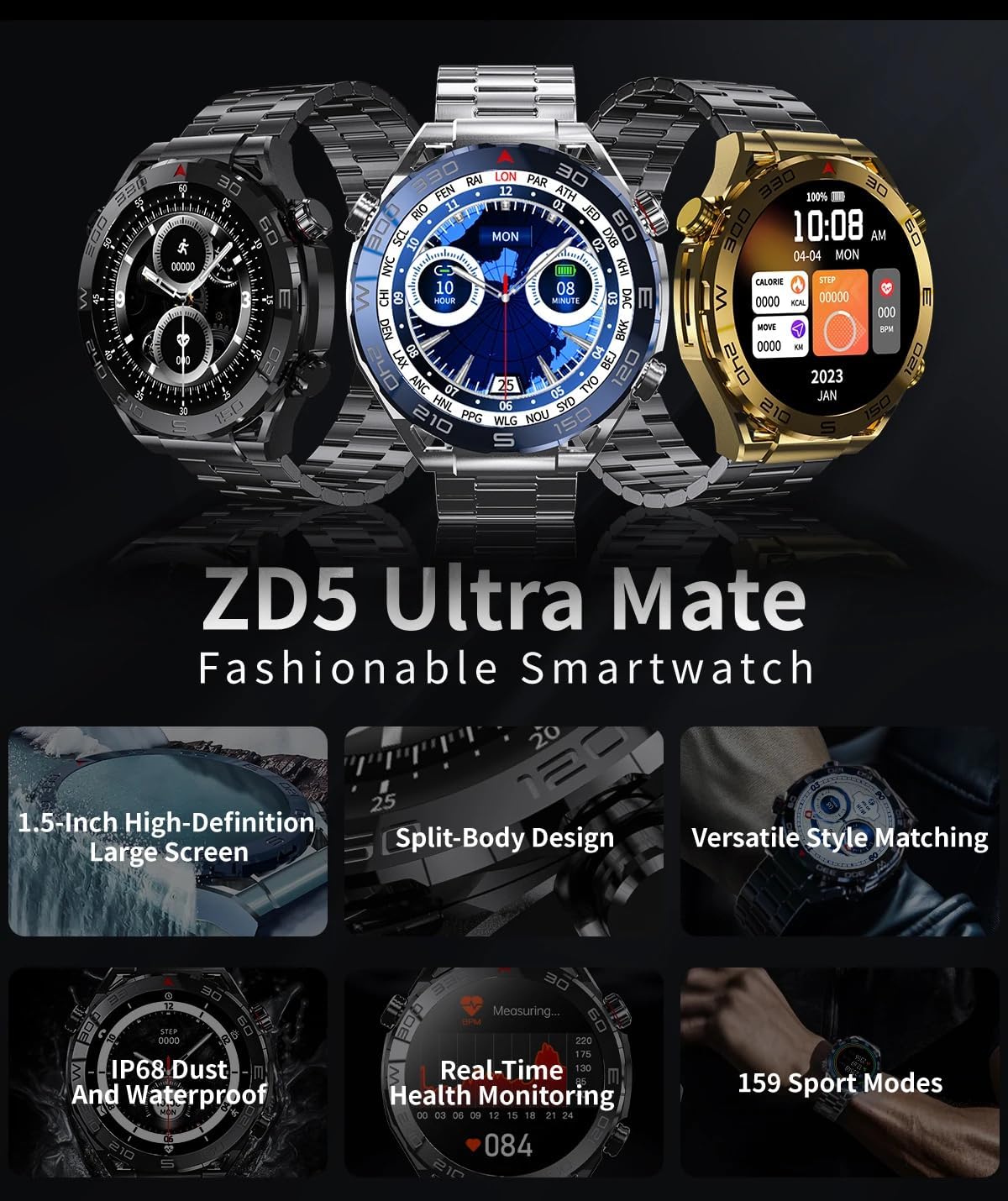 KööK ZD5 Ultra Mate Smartwatch NFC 1,5“ 3 Tasten ZD5 UM Luxus Edelstahl Sport & Business Uhr (GPS, Thermometer) IP67 Leben wasserdicht, in The Gift Box (Schwarz) - 8 KööK ZD5 Ultra Mate Smartwatch NFC 1,5“ 3 Tasten ZD5 UM Luxus Edelstahl Sport & Business Uhr (GPS, Thermometer) IP67 Leben wasserdicht, in The Gift Box (Schwarz) - 8