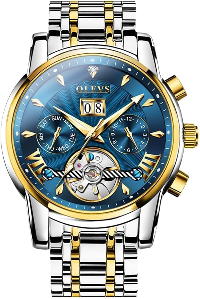 OUPINKE Herrenuhr Automatik Luxus Skelett Mechanik mit Diamanten Tourbillon Tag Datum Wasserdicht Luminous Edelstahlarmband Blau Zifferblatt/Zweifarbiges Armband - 1