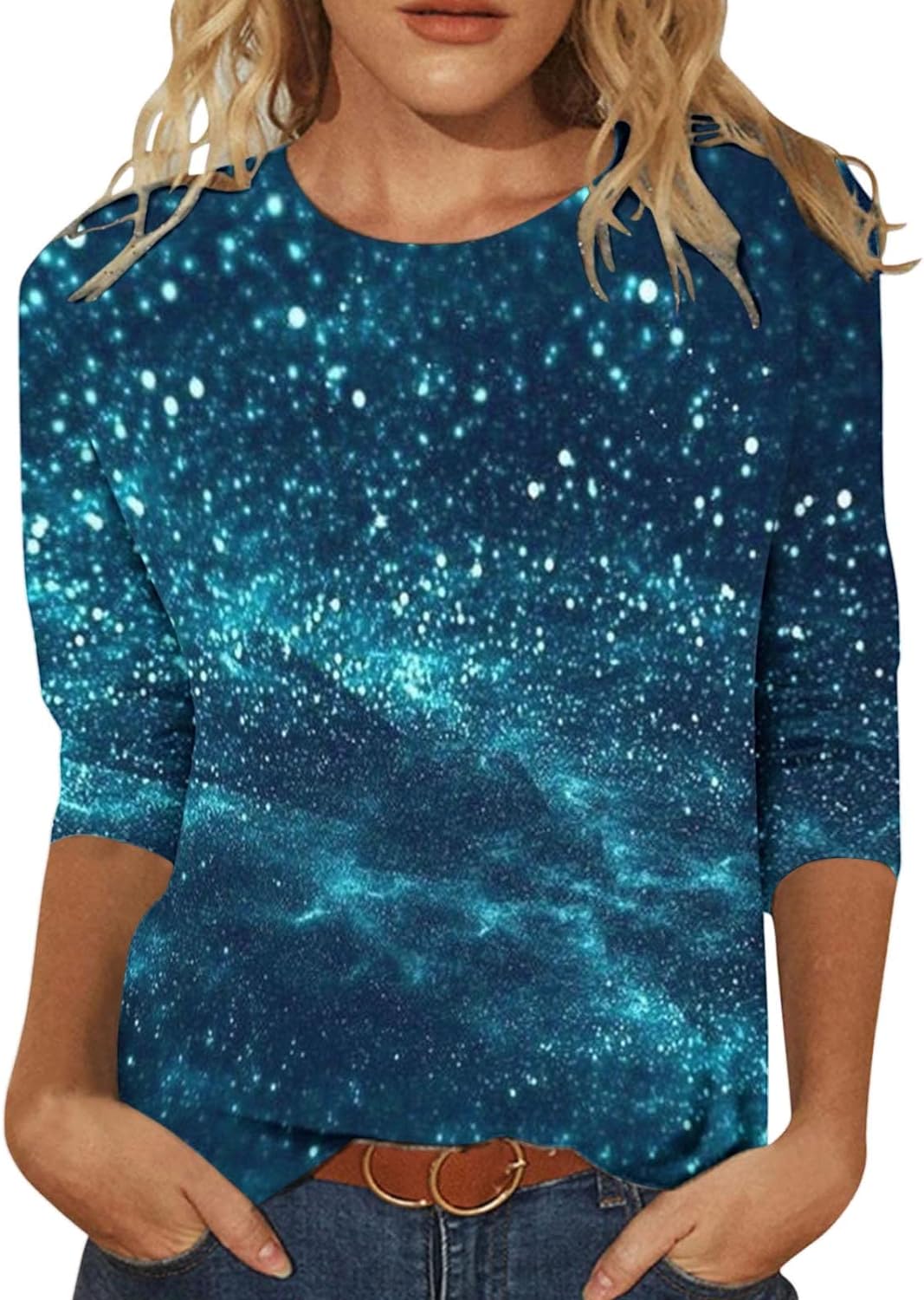 Briskorry Damen T-Shirt 3/4 Arm Langarm Oberteile Bunte Print Tops Frauen Damenblusen Sommershirts Blusenshirt Festliche Bluse Longpullover Tunika Vintage Sommertop L P - 1