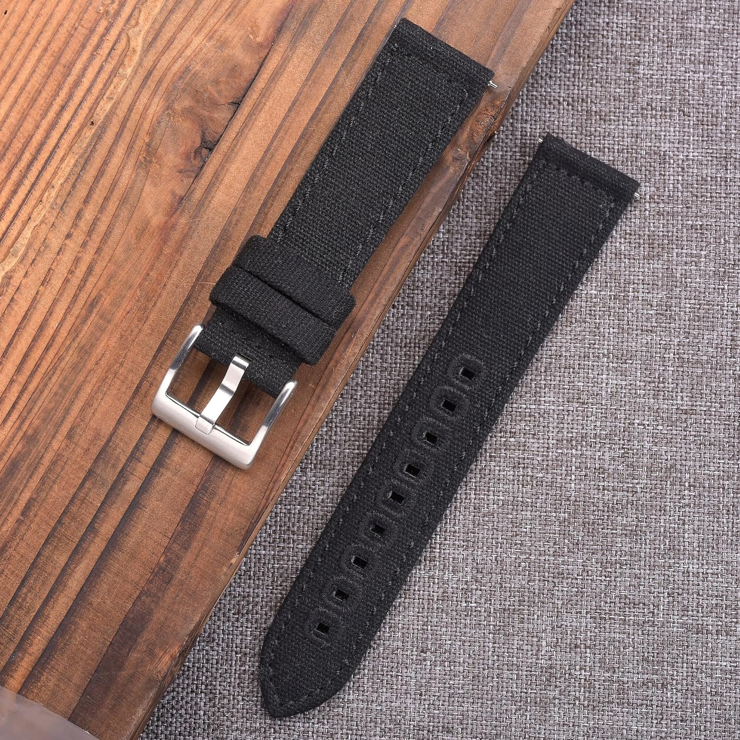 EACHE Canvas Uhrenarmband für Herren Canvas Leder Quick Release Uhrenarmband 18mm 20mm 22mm Schwarz-Silber Schnalle 22mm - 7