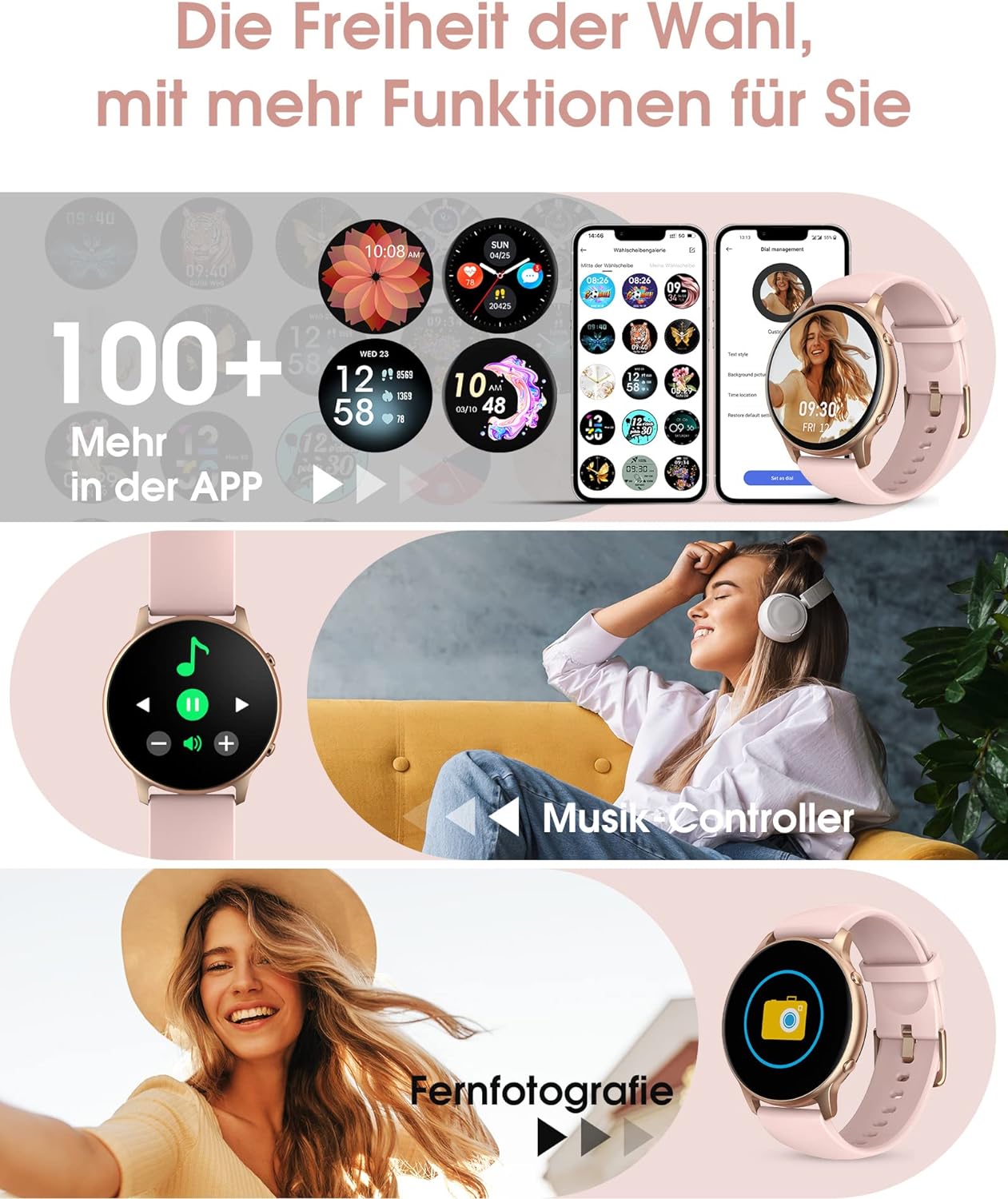TUYOMA Smartwatch für Damen, IP68, wasserdicht, 3,3 cm (1,3 Zoll), Touchscreen, Sportuhr mit Oxymeter, DIY Zifferblatt, Schlafüberwachung, Schrittzähler, Pulsmesser für Android iOS Rosa - 5 TUYOMA Smartwatch für Damen, IP68, wasserdicht, 3,3 cm (1,3 Zoll), Touchscreen, Sportuhr mit Oxymeter, DIY Zifferblatt, Schlafüberwachung, Schrittzähler, Pulsmesser für Android iOS Rosa - 5