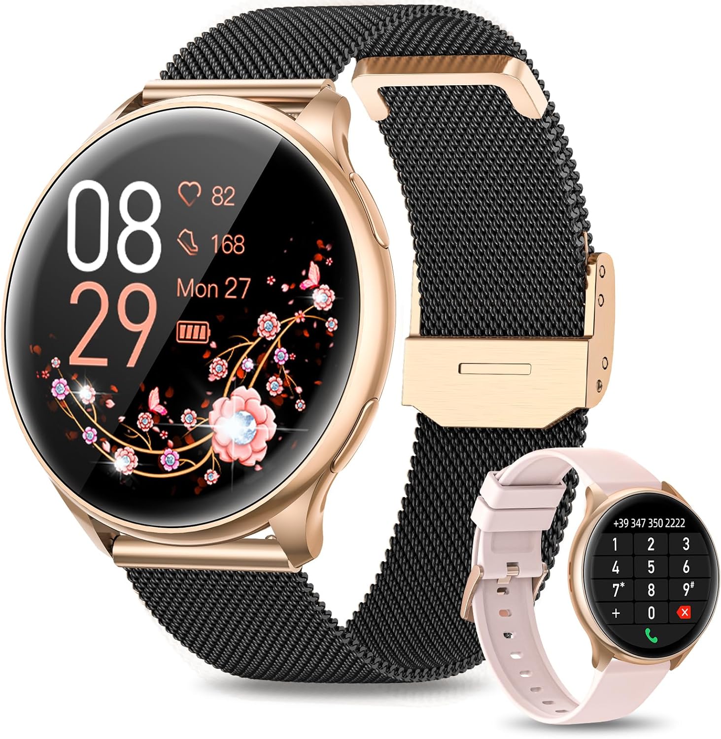 RUXINGX Smartwatch Damen mit Telefonfunktion, 1,32 Zoll HD Voll Touchscreen, IP68 Fitness Tracker mit SpO2 Pulsuhr Menstruationszyklus Schlafmonitor Schrittzähler Kalorien iOS Android Schwarz Gold - 1