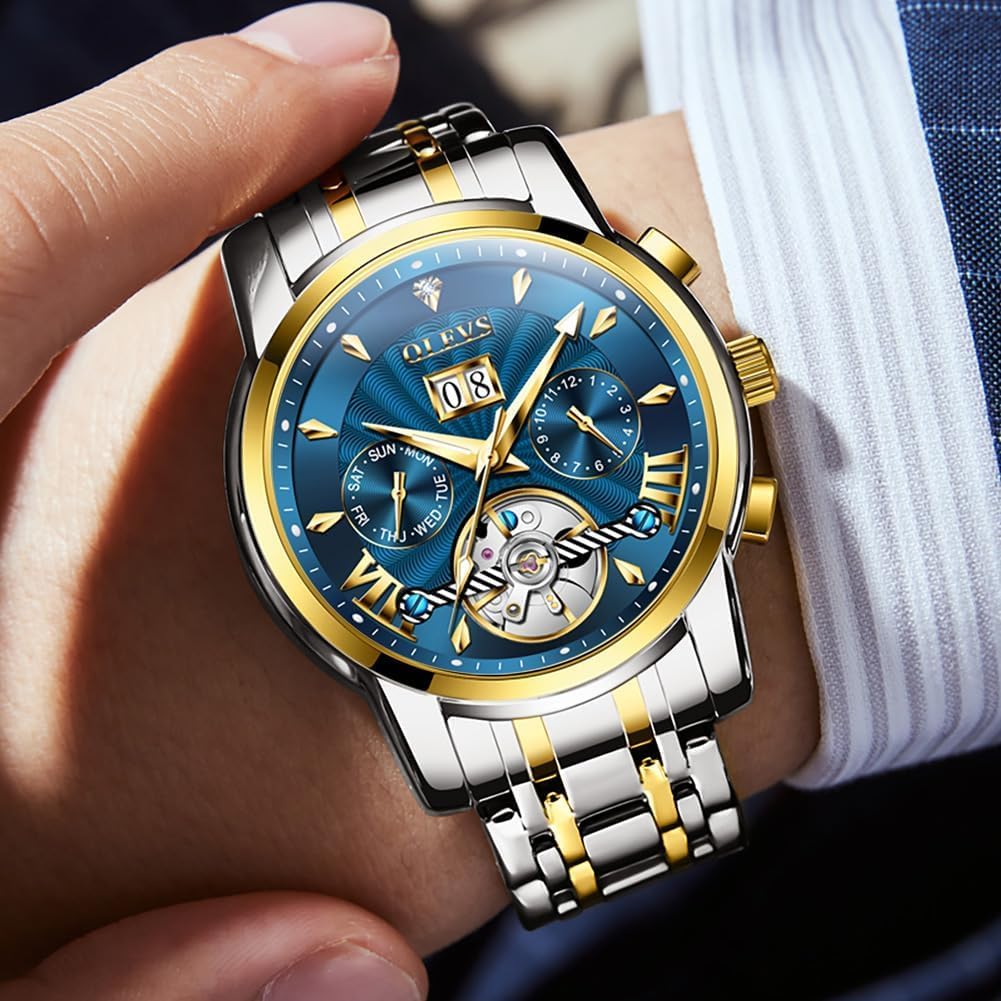 OUPINKE Herrenuhr Automatik Luxus Skelett Mechanik mit Diamanten Tourbillon Tag Datum Wasserdicht Luminous Edelstahlarmband Blau Zifferblatt/Zweifarbiges Armband - 4