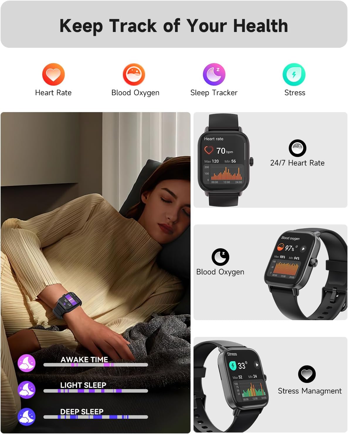 Amzhero Smartwatch für Damen,1,8''Fitnessuhr mit 100 Sportmodi,Bluetooth Telefonfunktion,Benachrichtigung,SpO2,Herzfrequenzmonitor,Schlafmonitor,Lange Akkulaufzeit,Wasserdicht,für iOS Android,Schwarz Spaceblack - 3 Amzhero Smartwatch für Damen,1,8''Fitnessuhr mit 100 Sportmodi,Bluetooth Telefonfunktion,Benachrichtigung,SpO2,Herzfrequenzmonitor,Schlafmonitor,Lange Akkulaufzeit,Wasserdicht,für iOS Android,Schwarz Spaceblack - 3