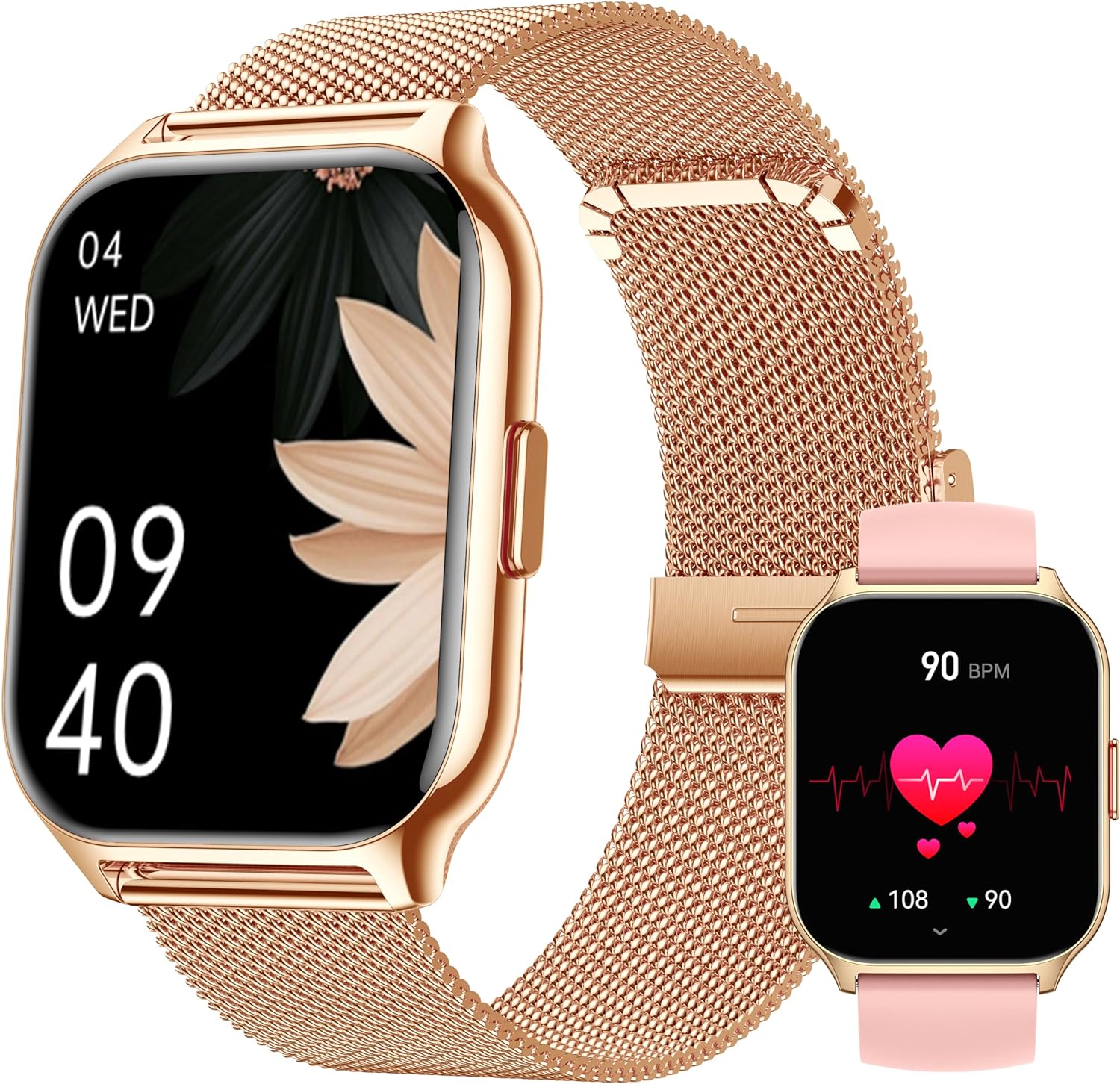 ZOSKVEE Smartwatch für Damen Herren, Fitnesstracker 2 Zoll Touch-Farbdisplay mit Telefonfunktion, Armbanduhr Blutdruckmessung Herzfrequenz Schlafmonitor SpO2, Sportuhr IPx8 Wasserdicht Schrittzähler Roségold+Silikon rosa - 1