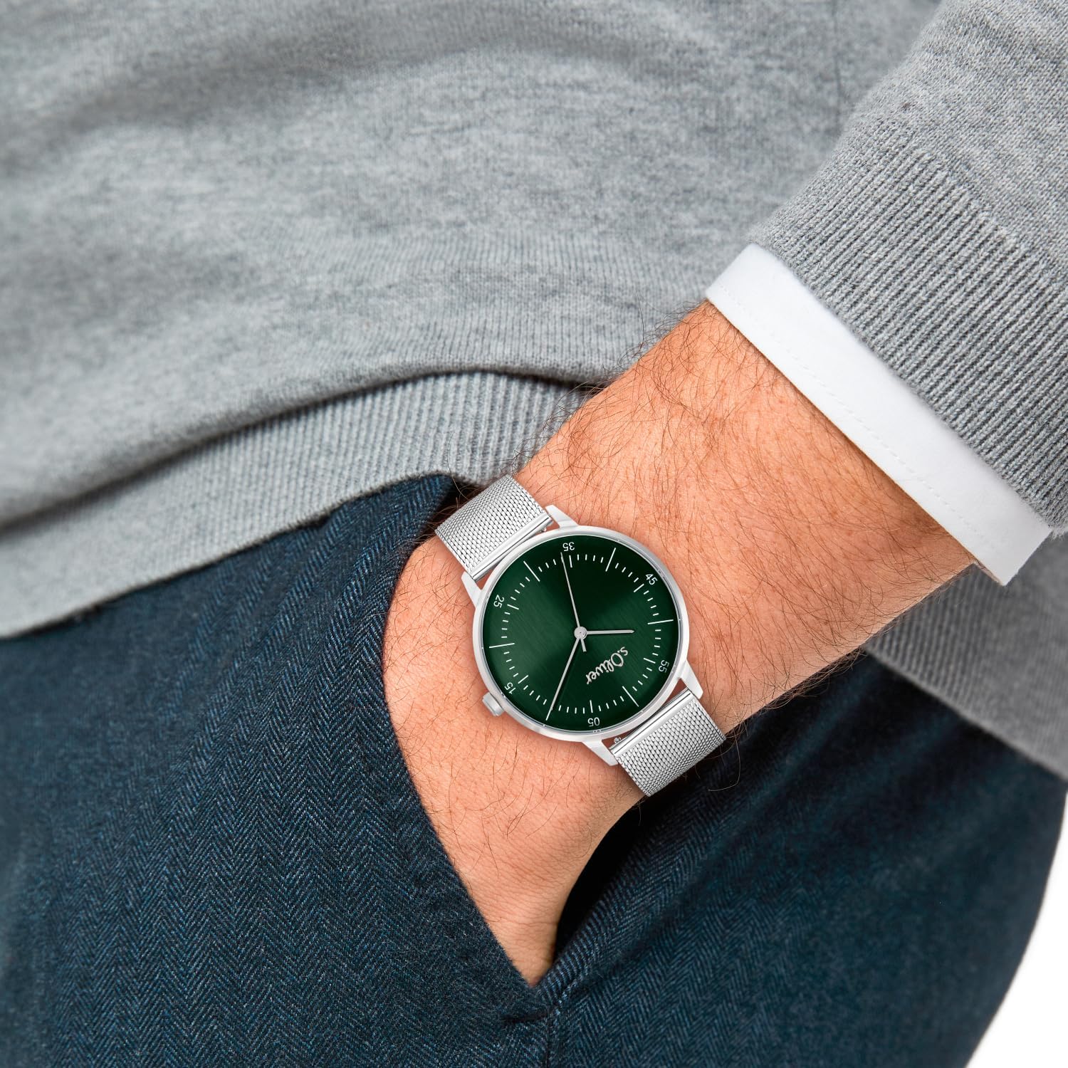 s.Oliver Armbanduhr Herren Quarzuhr Analog, mit Edelstahl Armband, Silber, 5 bar Wasserdicht, Kommt in Uhren Geschenk Box, 2036583 Grün - 2