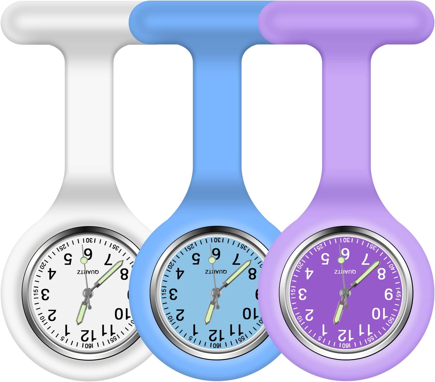 Vicloon Krankenschwester Uhren,3 Pcs Schwesternuhren mit Clip, Dehnbare Silikon Hülle, um Bruch zu Verhindern, Glow Pointer, Quarzwerk, Ansteckuhr für Krankenschwestern und Ärzte Lila/Weiß/Blau - 1
