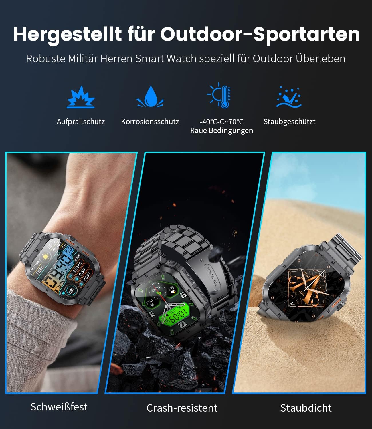 Smartwatch Herren Militärische mit Telefonfunktion,1.96'' HD Touchscreen,100+ Sportmodi Aktivitätstracker mit Herzfrequenz/SpO2/Schlafmonitor/Schrittzähler,400mah Sportuhr,5ATM Wasserdicht Schwarz Männer-Standard ASchwarz - 7 Smartwatch Herren Militärische mit Telefonfunktion,1.96'' HD Touchscreen,100+ Sportmodi Aktivitätstracker mit Herzfrequenz/SpO2/Schlafmonitor/Schrittzähler,400mah Sportuhr,5ATM Wasserdicht Schwarz Männer-Standard ASchwarz - 7