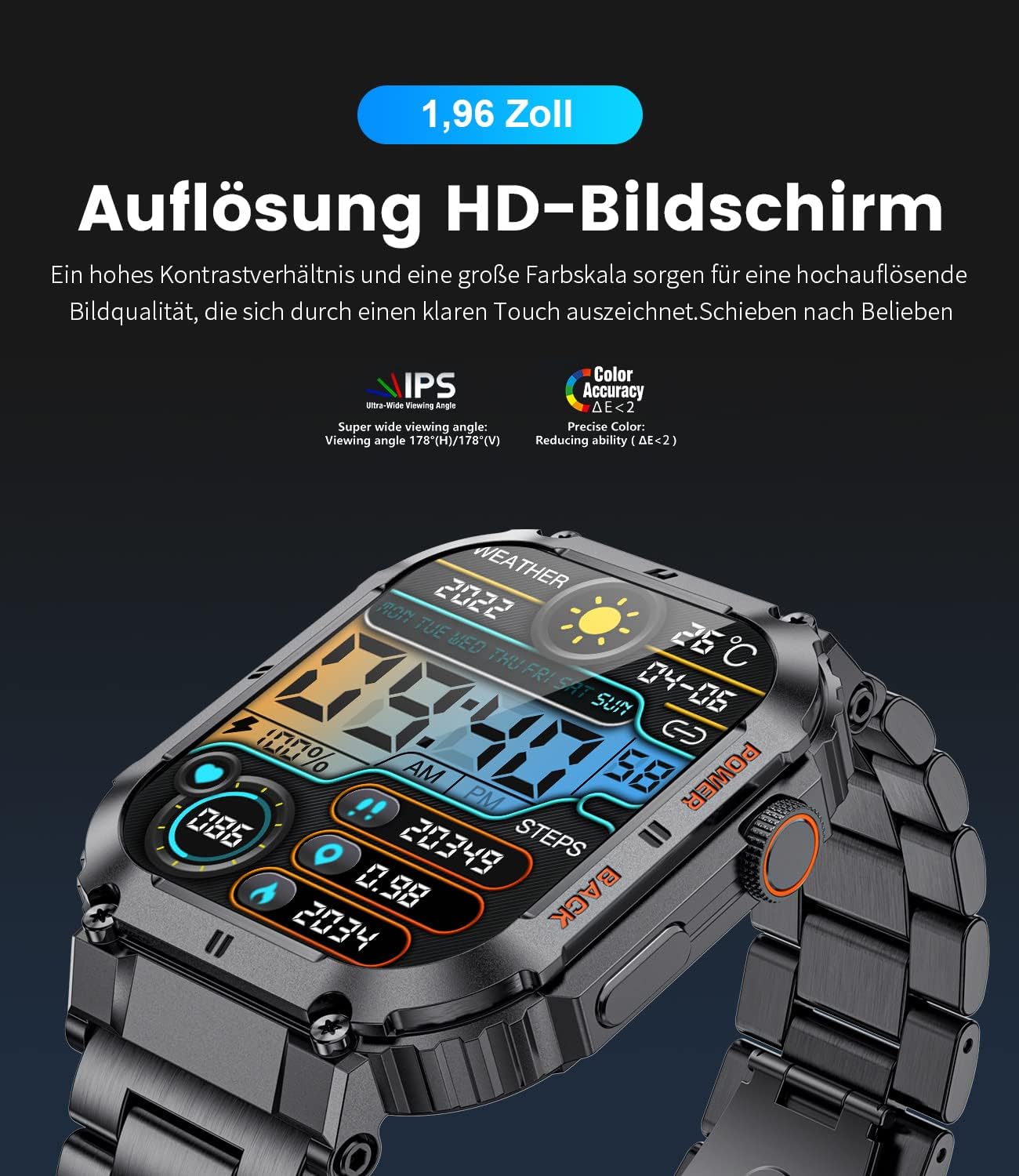 Smartwatch Herren Militärische mit Telefonfunktion,1.96'' HD Touchscreen,100+ Sportmodi Aktivitätstracker mit Herzfrequenz/SpO2/Schlafmonitor/Schrittzähler,400mah Sportuhr,5ATM Wasserdicht Schwarz Männer-Standard ASchwarz - 6 Smartwatch Herren Militärische mit Telefonfunktion,1.96'' HD Touchscreen,100+ Sportmodi Aktivitätstracker mit Herzfrequenz/SpO2/Schlafmonitor/Schrittzähler,400mah Sportuhr,5ATM Wasserdicht Schwarz Männer-Standard ASchwarz - 6