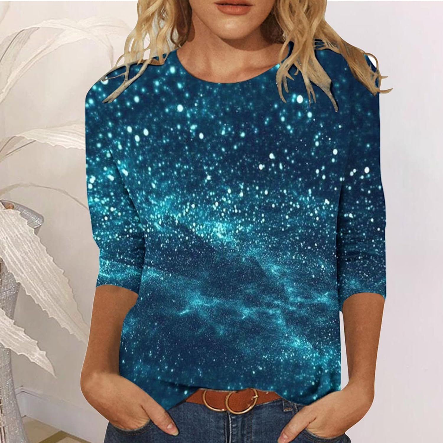 Briskorry Damen T-Shirt 3/4 Arm Langarm Oberteile Bunte Print Tops Frauen Damenblusen Sommershirts Blusenshirt Festliche Bluse Longpullover Tunika Vintage Sommertop L P - 2