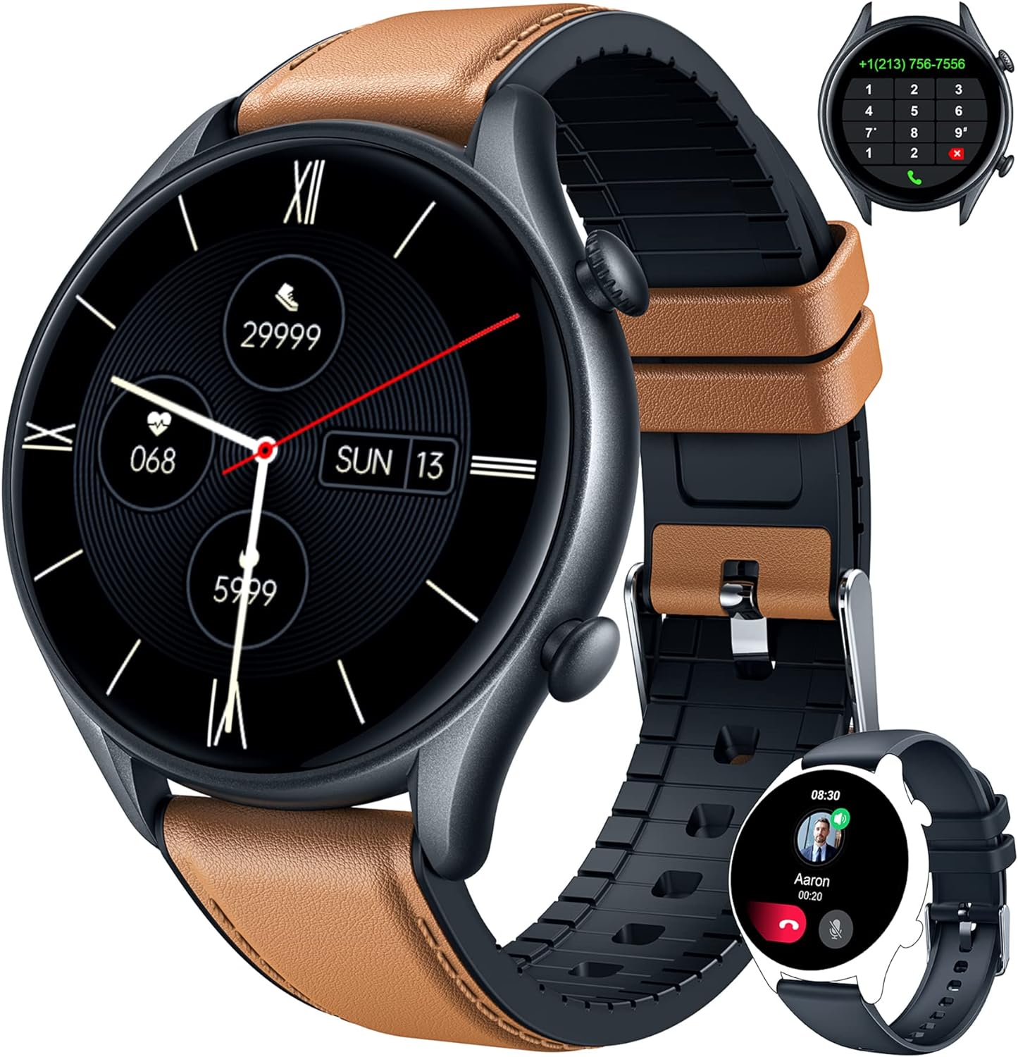 Smartwatch Herren Fitnessuhr Armbanduhr Uhr - 1,32 Zoll Runde Männer Sportuhr Wasserdicht ip68 Schrittzähler Blutdruckmessung Pulsmesser Kalorienzähler Bluetooth Kompatibel Android mit ios (Braun) - 1