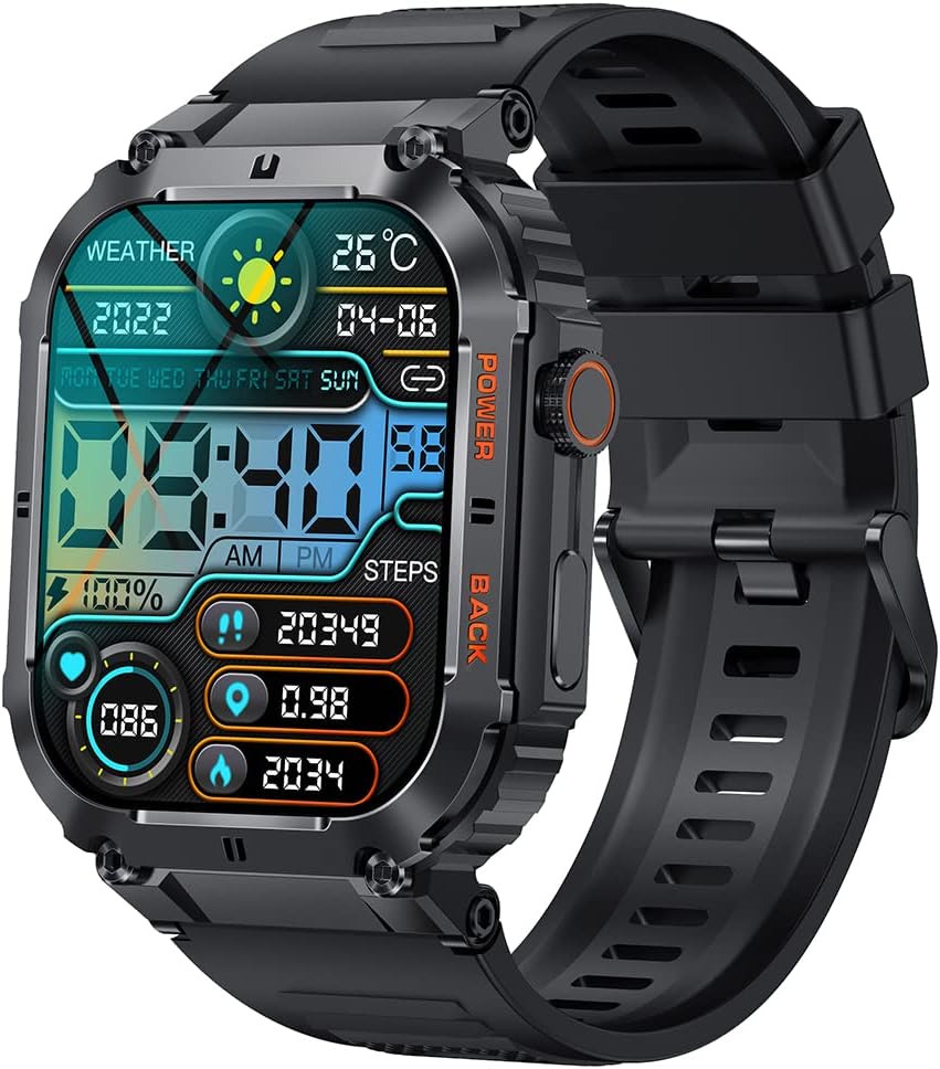 GaWear Smartwatch Herren mit Telefonfunktion,1,96 Zoll 320 * 386 HD,IP68 Wasserdicht Armbanduhr mit Blutdruckmessung Schlafmonitor, SpO2, Outdoor Sportuhr 100+Sportmodi für ios Android（Schwarz） - 1