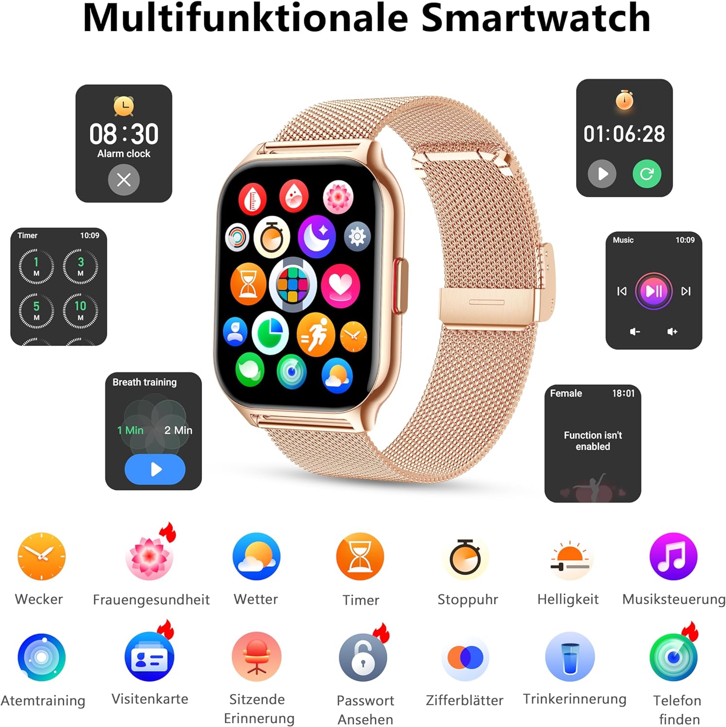 Narcid Smartwatch 2 Zoll für Damen Herren,Fitnesstracker mit Telefonfunktion/Sprachassistent/Message Reminder,Fitnessuhr Puls-Schlaf-Monitor, Sportuhr 100+ Sportmodi IP68 Wasserdicht für iOS/Android Pink+Rosegold - 6 Narcid Smartwatch 2 Zoll für Damen Herren,Fitnesstracker mit Telefonfunktion/Sprachassistent/Message Reminder,Fitnessuhr Puls-Schlaf-Monitor, Sportuhr 100+ Sportmodi IP68 Wasserdicht für iOS/Android Pink+Rosegold - 6