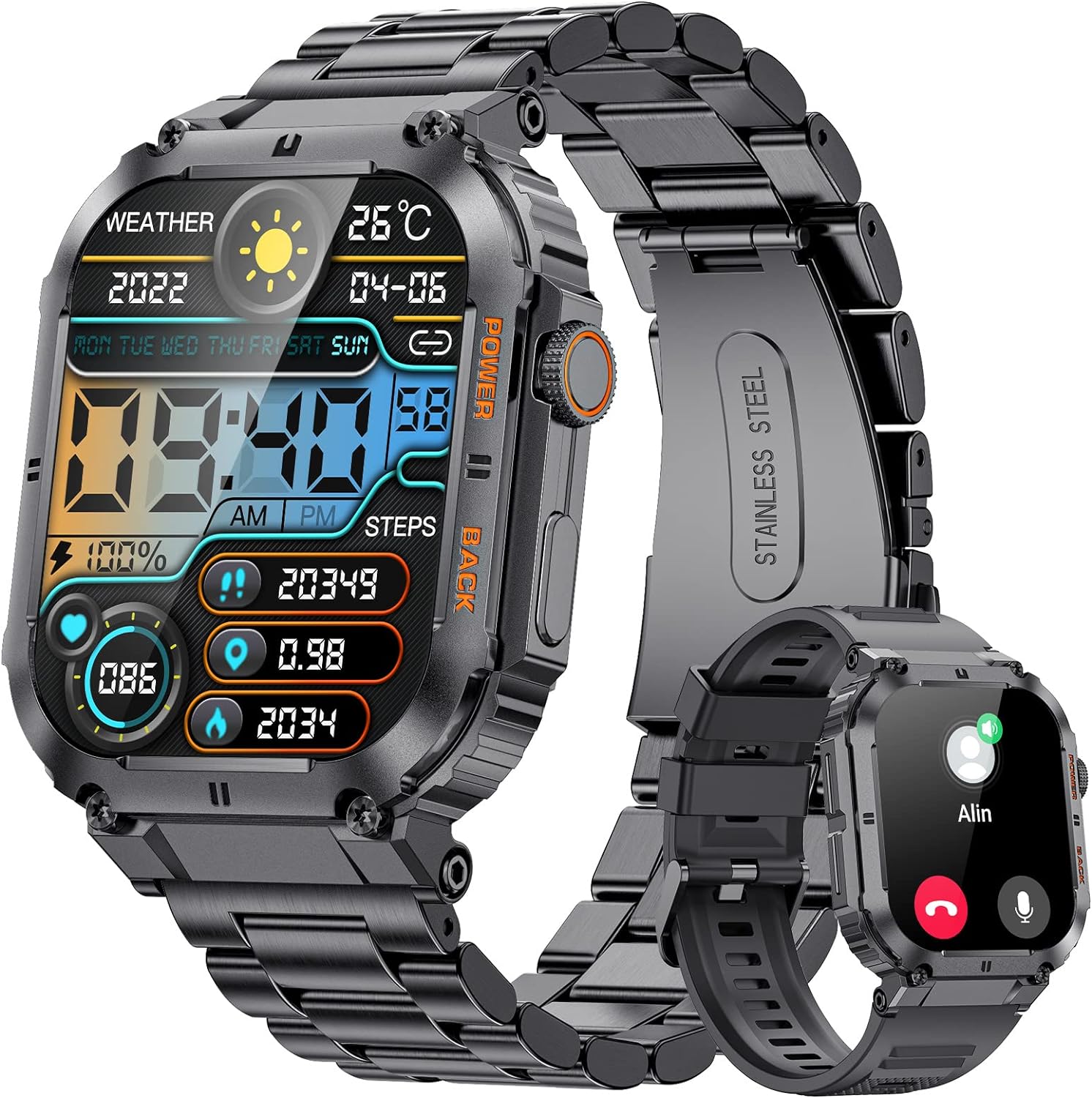 Smartwatch Herren Militärische mit Telefonfunktion,1.96'' HD Touchscreen,100+ Sportmodi Aktivitätstracker mit Herzfrequenz/SpO2/Schlafmonitor/Schrittzähler,400mah Sportuhr,5ATM Wasserdicht Schwarz Männer-Standard ASchwarz - 1