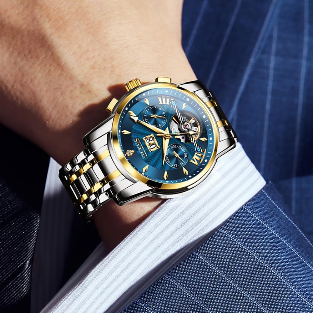 OUPINKE Herrenuhr Automatik Luxus Skelett Mechanik mit Diamanten Tourbillon Tag Datum Wasserdicht Luminous Edelstahlarmband Blau Zifferblatt/Zweifarbiges Armband - 5