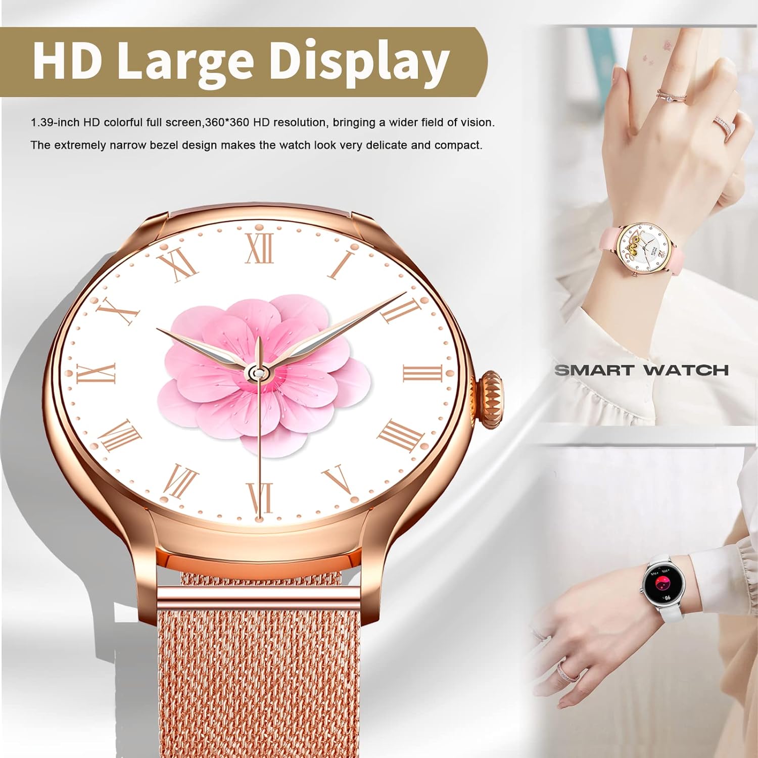 SZHELEJIAM Smartwatch mit Telefonfunktion, Armbanduhr Damen Rund mit Blutdruckmessung Pulsmesser Schlafmonitor Schrittzähler 128 Sportmodi Fitnessuhr Smart Watch Damenuhr für iOS Android Roségold - 2