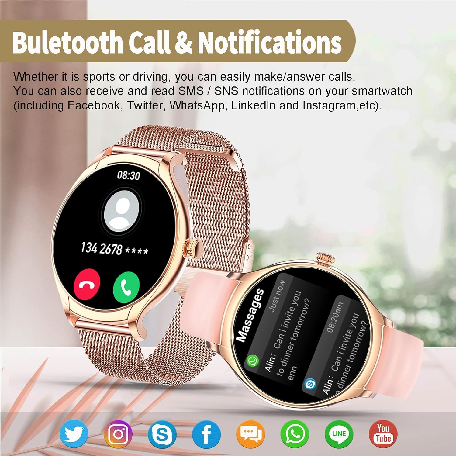 SZHELEJIAM Smartwatch mit Telefonfunktion, Armbanduhr Damen Rund mit Blutdruckmessung Pulsmesser Schlafmonitor Schrittzähler 128 Sportmodi Fitnessuhr Smart Watch Damenuhr für iOS Android Roségold - 3