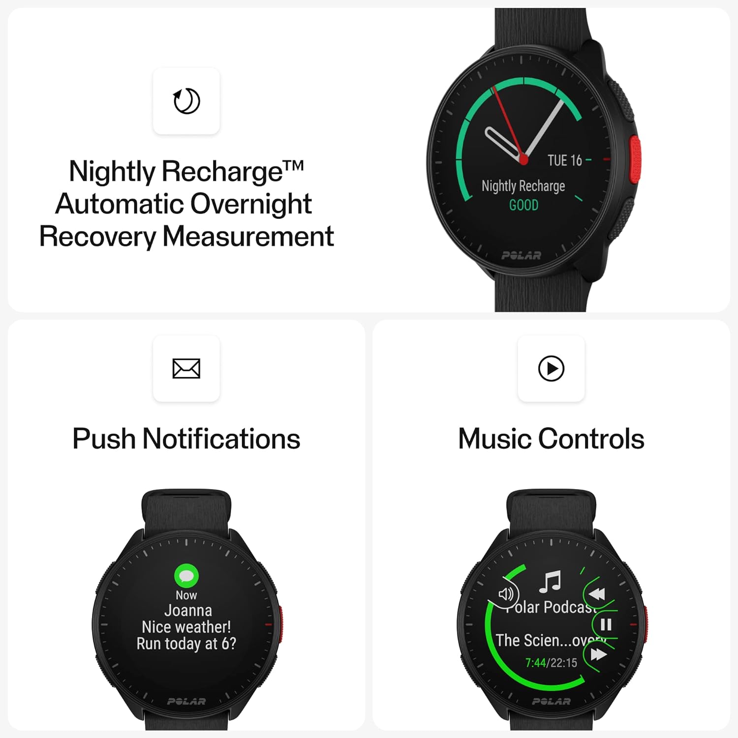 Polar Pacer - GPS-Laufuhr - Smartwatch für Damen & Herren - Pulsuhr - Sport & Fitness - ultraleichte Uhr mit Schrittzähler, personalisierten Trainingsprogrammen & Erholungsfunktionen, Musiksteuerung Night Black Pacer - 6