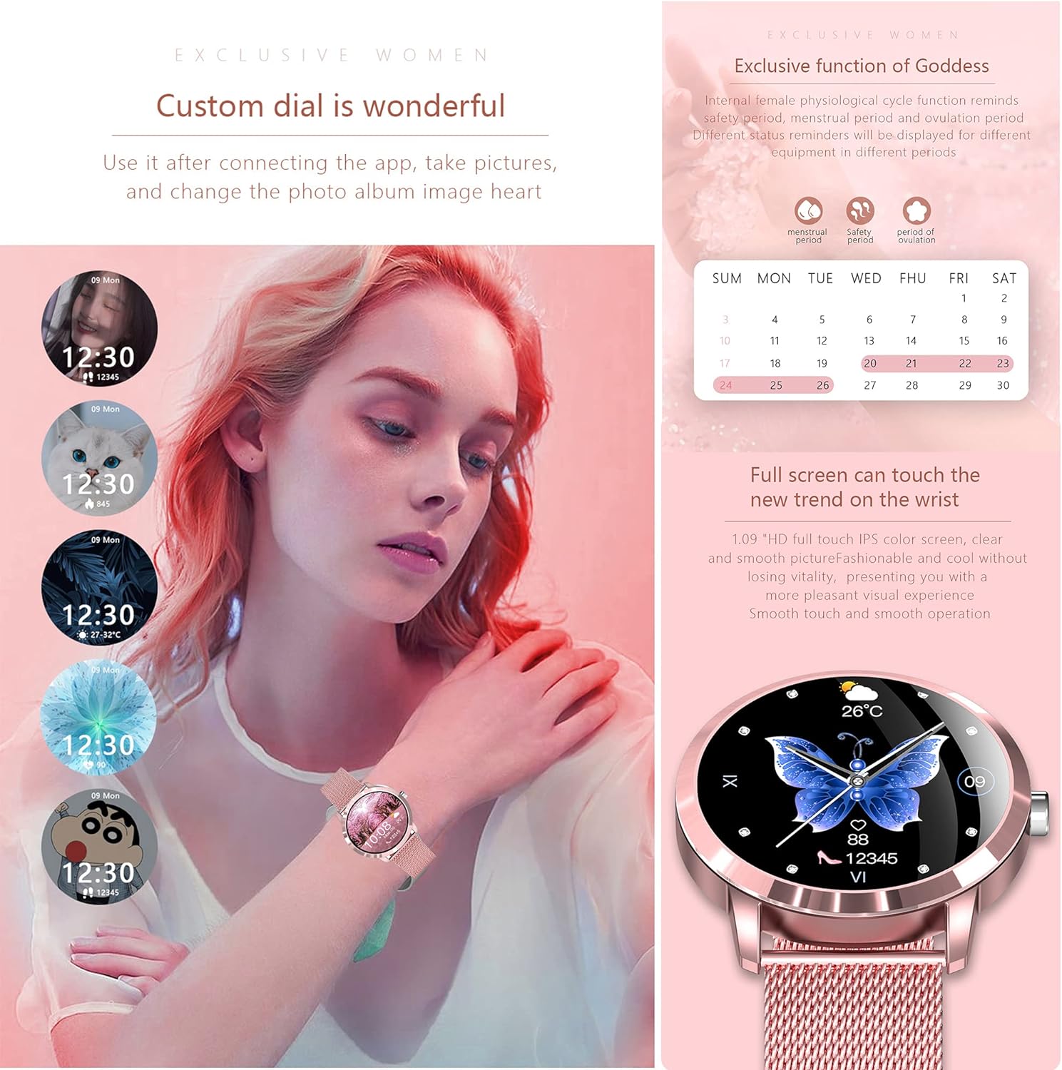 Smartwatch Damen, 1.09 Zoll Touch Fitnessuhr, 22 Sportmodi Fitness Tracker mit Schrittzähler Stoppuhr, IP68 Wasserdicht Smart Watch mit Pulsuhr, Schlafmonitor, Sportuhr Armbanduhr Android IOS - 4 Smartwatch Damen, 1.09 Zoll Touch Fitnessuhr, 22 Sportmodi Fitness Tracker mit Schrittzähler Stoppuhr, IP68 Wasserdicht Smart Watch mit Pulsuhr, Schlafmonitor, Sportuhr Armbanduhr Android IOS - 4