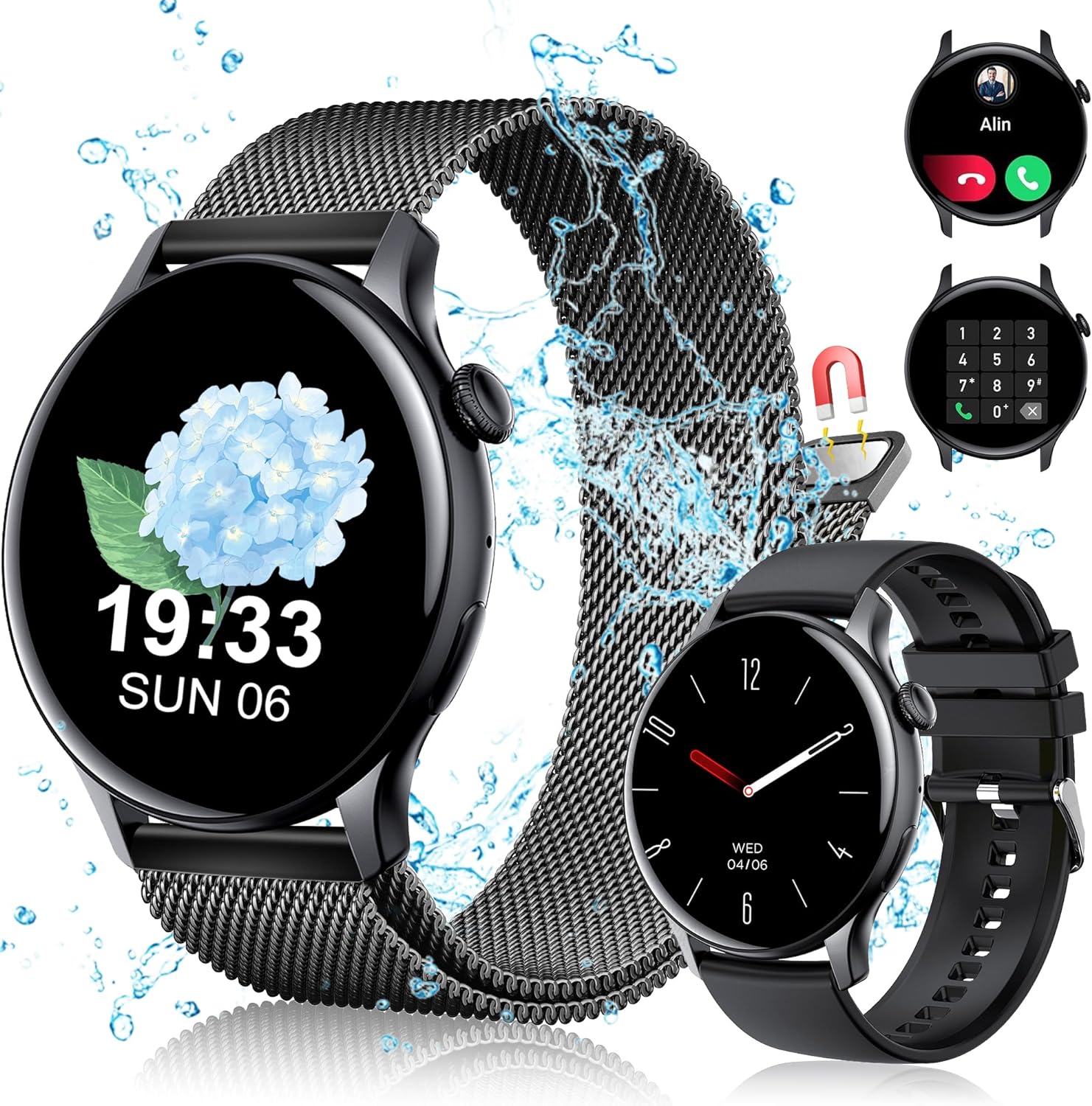 JANOLTY Smartwatch Damen/Herren (1.43" AMOLED-Display, 2* Uhrenarmbänder,IP68 Wasserdicht) Fitnessuhr Tracker mit Telefonfunktion,App-Benachrichtigung,SpO2,Herzfrequenz für iOS und Android(Schwarz) - 1