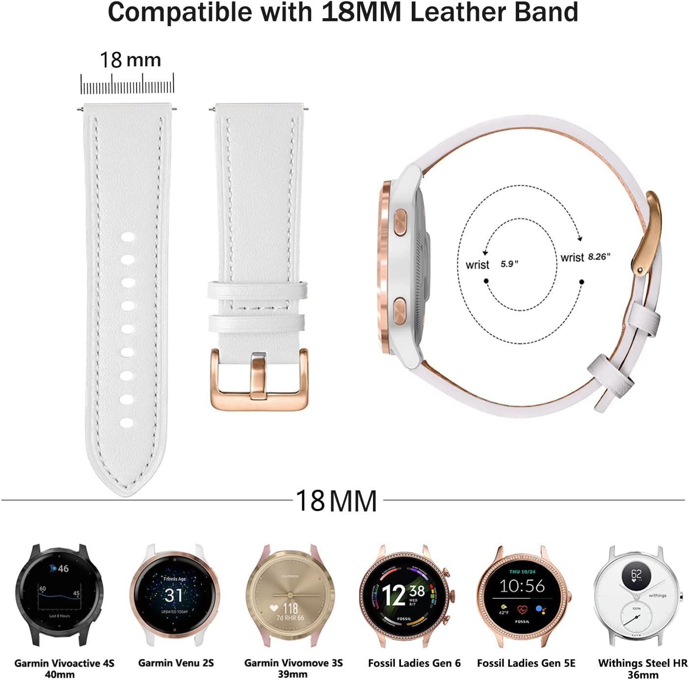Issinlky echtes Lederarmband kompatibel Garmin Venu 2S/Venu 3S,Vivoactive 4S,Garmin Vivoactive 3S,18mm Armband für Fossil Women's Gen 5E 42 mm, Gen 6 42 mm, Fossile Q Venture Gen 3/Gen 4 Weiß - 3 Issinlky echtes Lederarmband kompatibel Garmin Venu 2S/Venu 3S,Vivoactive 4S,Garmin Vivoactive 3S,18mm Armband für Fossil Women's Gen 5E 42 mm, Gen 6 42 mm, Fossile Q Venture Gen 3/Gen 4 Weiß - 3