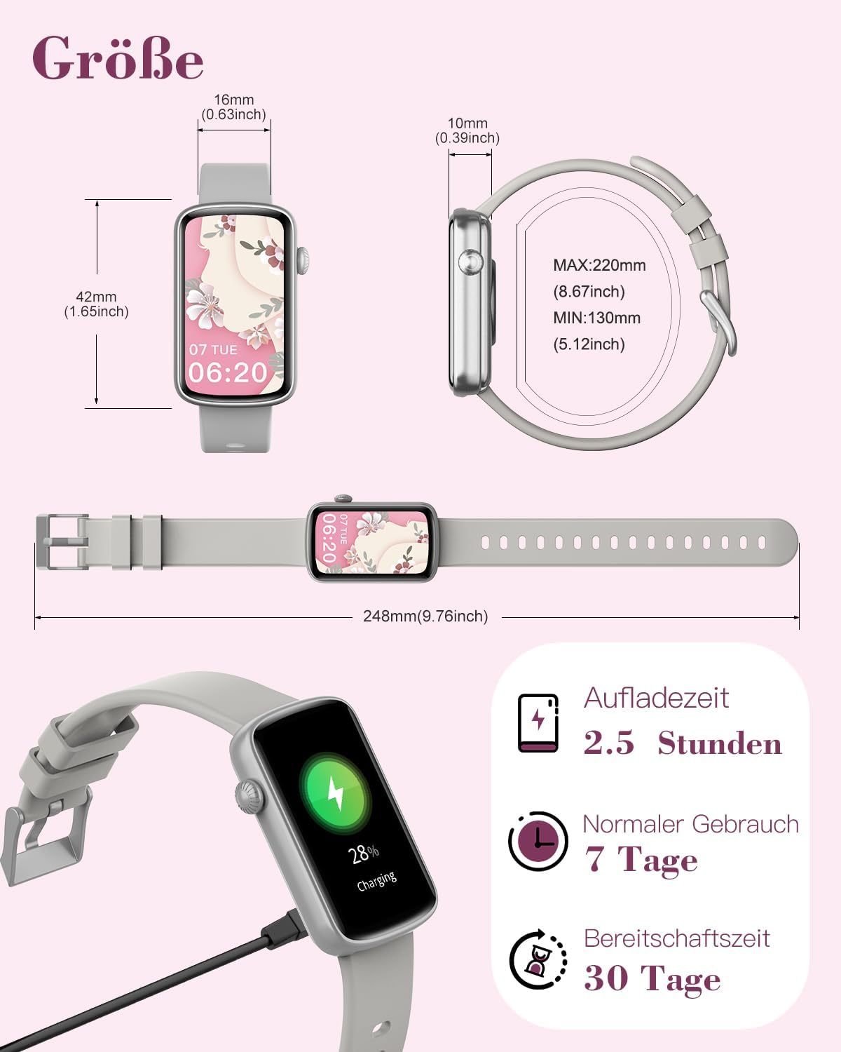 SHANG WING Smartwatch Damen Fitnessuhr Schmal Fitness Tracker Schrittzähler Uhr mit Pulsuhr SpO2 Messung Schlafüberwachung Sportuhr Klein Wasserdicht IP68 Smart Watch Sport für Android iOS Handy Grau - 8 SHANG WING Smartwatch Damen Fitnessuhr Schmal Fitness Tracker Schrittzähler Uhr mit Pulsuhr SpO2 Messung Schlafüberwachung Sportuhr Klein Wasserdicht IP68 Smart Watch Sport für Android iOS Handy Grau - 8