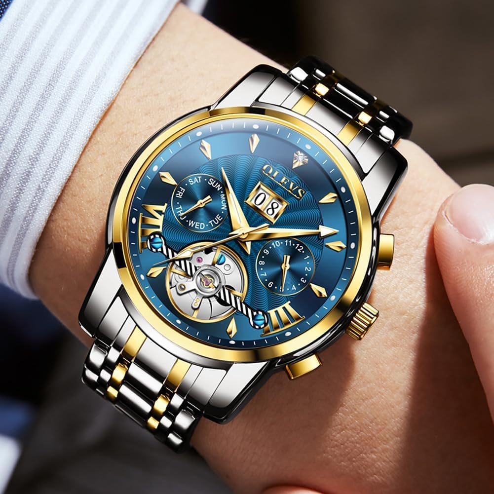 OUPINKE Herrenuhr Automatik Luxus Skelett Mechanik mit Diamanten Tourbillon Tag Datum Wasserdicht Luminous Edelstahlarmband Blau Zifferblatt/Zweifarbiges Armband - 3