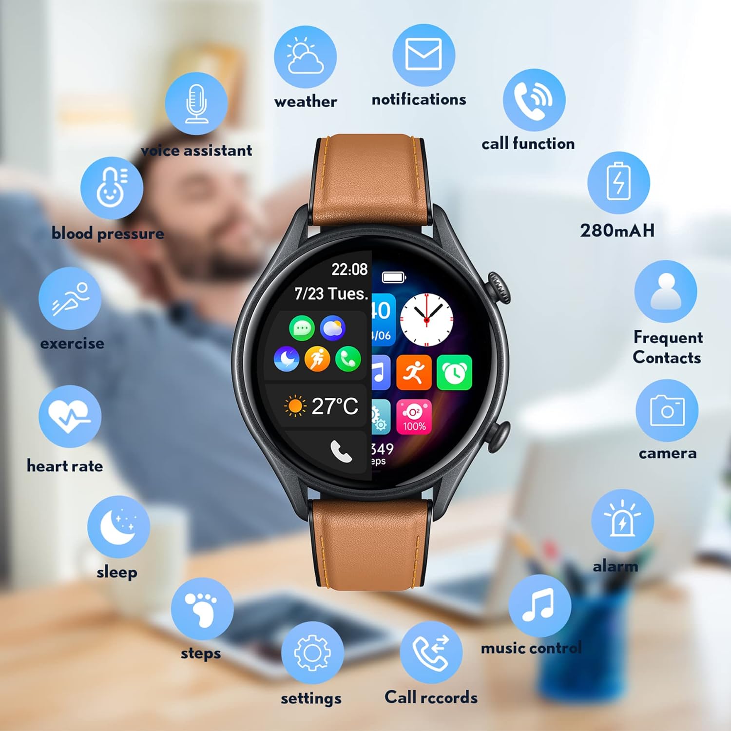 Smartwatch Herren Fitnessuhr Armbanduhr Uhr - 1,32 Zoll Runde Männer Sportuhr Wasserdicht ip68 Schrittzähler Blutdruckmessung Pulsmesser Kalorienzähler Bluetooth Kompatibel Android mit ios (Braun) - 6 Smartwatch Herren Fitnessuhr Armbanduhr Uhr - 1,32 Zoll Runde Männer Sportuhr Wasserdicht ip68 Schrittzähler Blutdruckmessung Pulsmesser Kalorienzähler Bluetooth Kompatibel Android mit ios (Braun) - 6