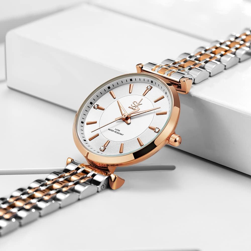 SHENGKE SK Klassische Frauen Uhren Mode Damen Kleid Uhr Solide Edelstahl Band Echtes Lederband Silver-rosegold - 4 SHENGKE SK Klassische Frauen Uhren Mode Damen Kleid Uhr Solide Edelstahl Band Echtes Lederband Silver-rosegold - 4