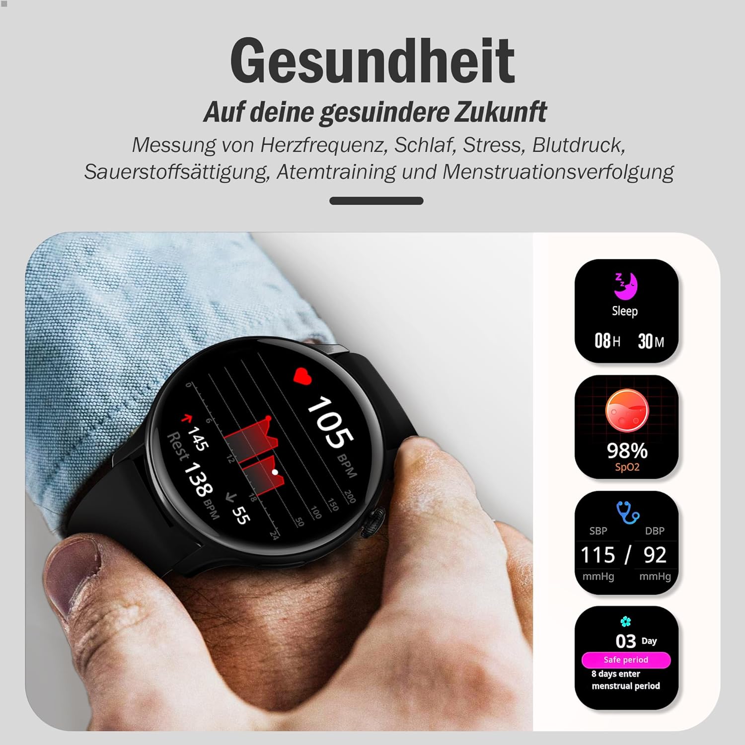JANOLTY Smartwatch Damen/Herren (1.43" AMOLED-Display, 2* Uhrenarmbänder,IP68 Wasserdicht) Fitnessuhr Tracker mit Telefonfunktion,App-Benachrichtigung,SpO2,Herzfrequenz für iOS und Android(Schwarz) - 5 JANOLTY Smartwatch Damen/Herren (1.43" AMOLED-Display, 2* Uhrenarmbänder,IP68 Wasserdicht) Fitnessuhr Tracker mit Telefonfunktion,App-Benachrichtigung,SpO2,Herzfrequenz für iOS und Android(Schwarz) - 5