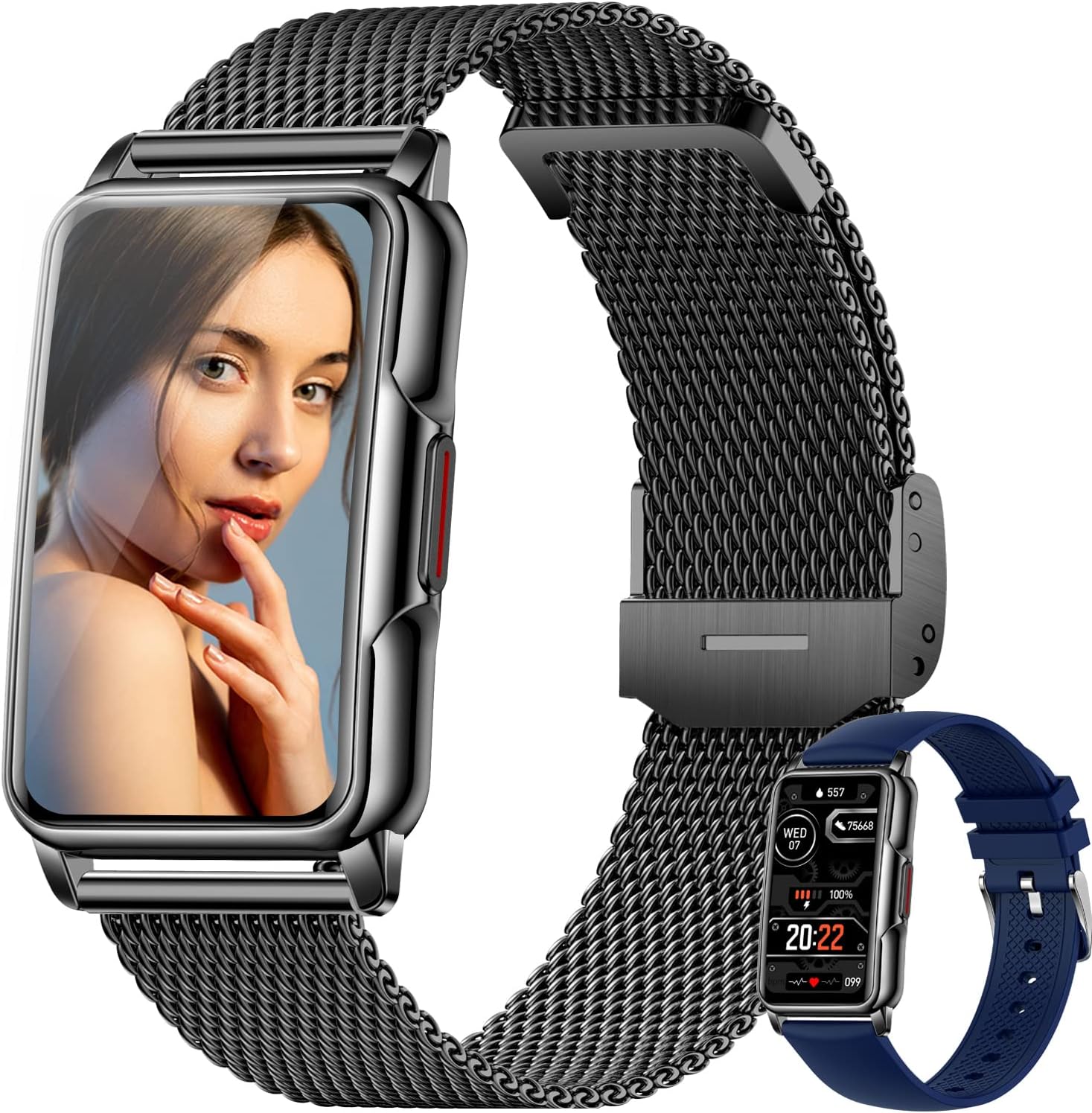 Smartwatch Damen 1,47 Zoll Armbanduhr mit IP68 Wasserdicht Fitness tracker Sportuhr mit Zwei Wochen Standby SpO2 124 Trainingsmodi Herzfrequenzmessung Schlafmonitor, Musikkontrolle Android iOS Schwarz Farbe mit Blau Silikonband - 1