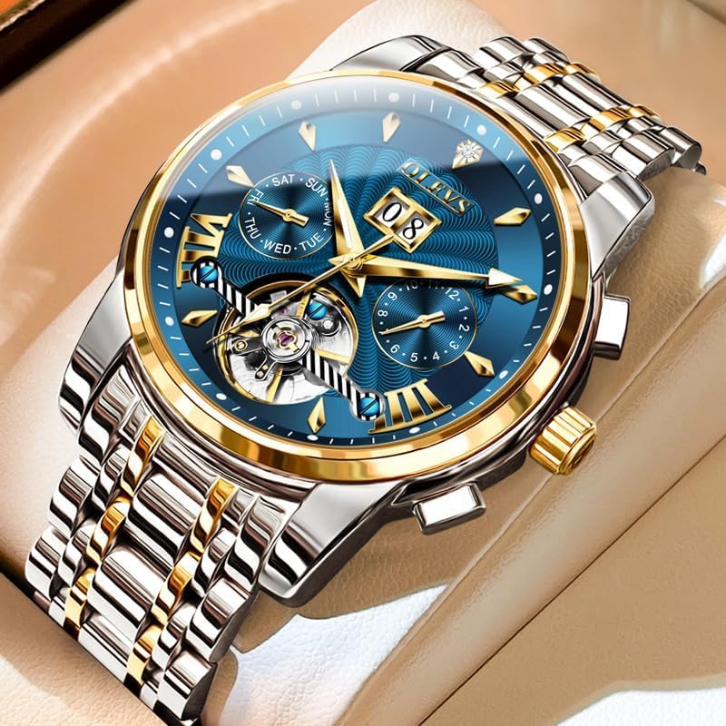 OUPINKE Herrenuhr Automatik Luxus Skelett Mechanik mit Diamanten Tourbillon Tag Datum Wasserdicht Luminous Edelstahlarmband Blau Zifferblatt/Zweifarbiges Armband - 2
