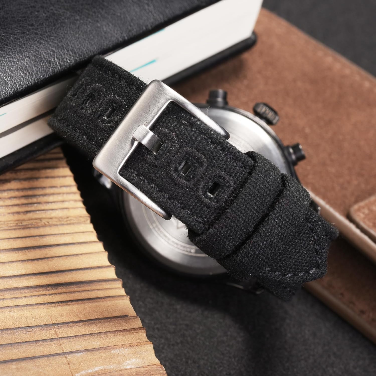 EACHE Canvas Uhrenarmband für Herren Canvas Leder Quick Release Uhrenarmband 18mm 20mm 22mm Schwarz-Silber Schnalle 22mm - 5