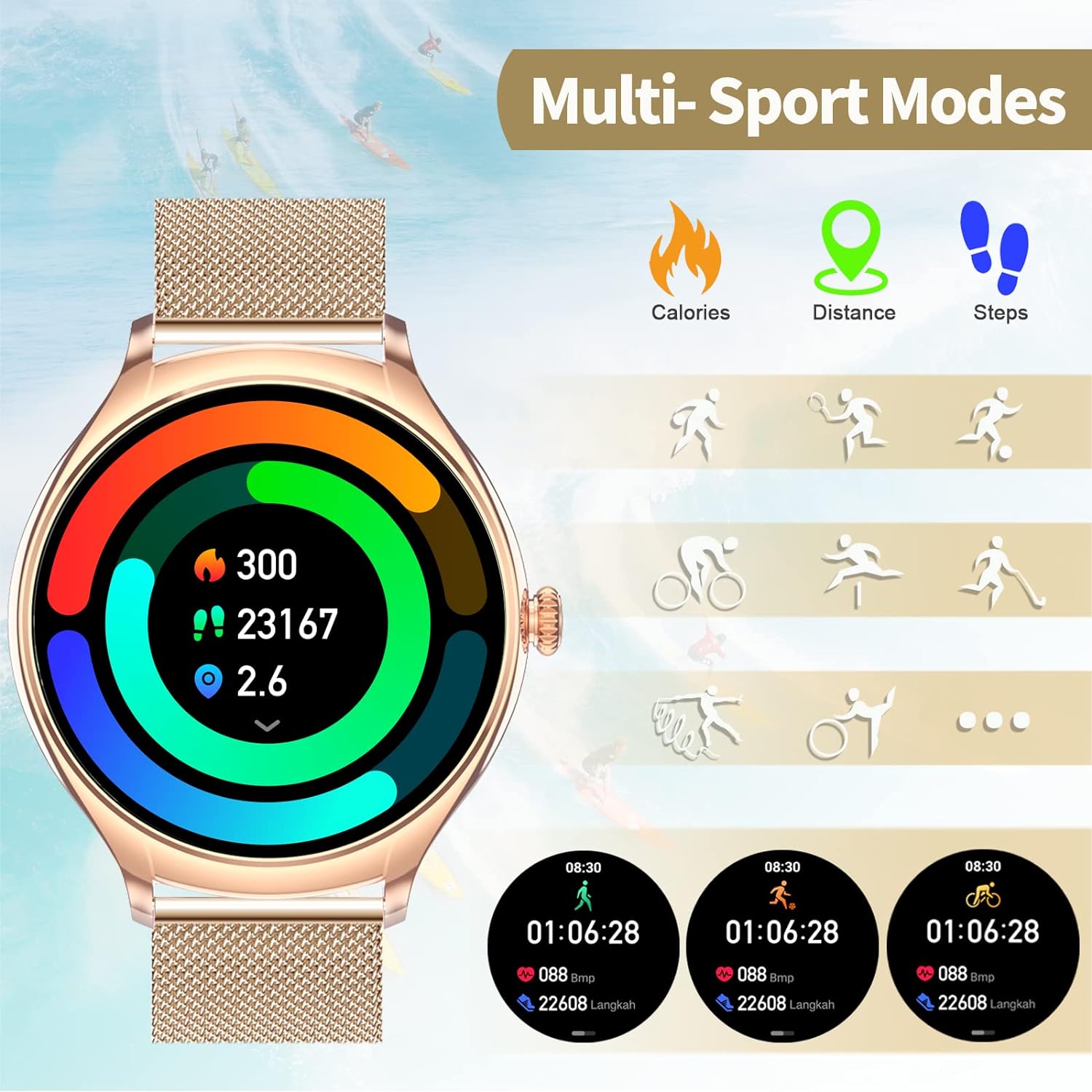 SZHELEJIAM Smartwatch mit Telefonfunktion, Armbanduhr Damen Rund mit Blutdruckmessung Pulsmesser Schlafmonitor Schrittzähler 128 Sportmodi Fitnessuhr Smart Watch Damenuhr für iOS Android Roségold - 6