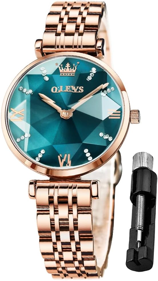 OLEVS Damenuhren Analog Quarz Armbanduhren mit Diamant Kleines Gesicht Gold Edelstahlband wasserdichte Uhr Grün - 1