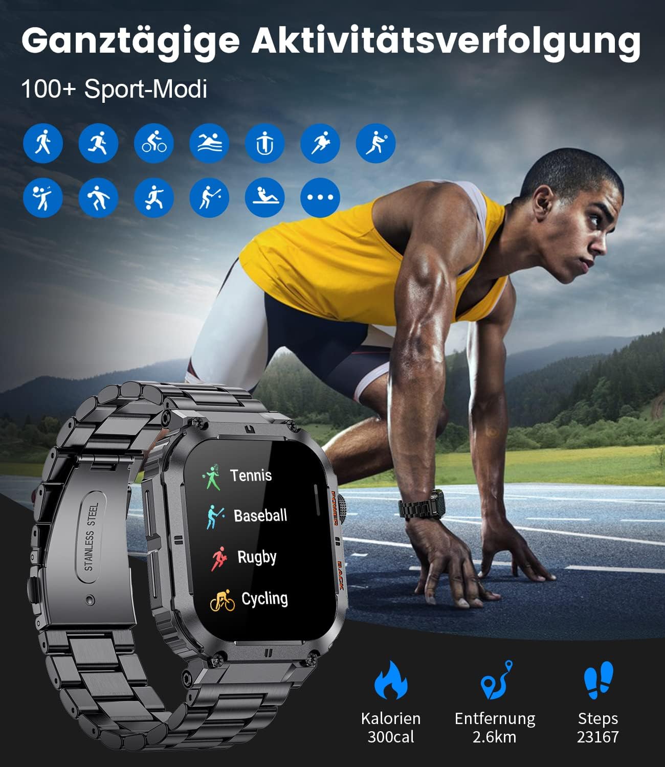 Smartwatch Herren Militärische mit Telefonfunktion,1.96'' HD Touchscreen,100+ Sportmodi Aktivitätstracker mit Herzfrequenz/SpO2/Schlafmonitor/Schrittzähler,400mah Sportuhr,5ATM Wasserdicht Schwarz Männer-Standard ASchwarz - 5 Smartwatch Herren Militärische mit Telefonfunktion,1.96'' HD Touchscreen,100+ Sportmodi Aktivitätstracker mit Herzfrequenz/SpO2/Schlafmonitor/Schrittzähler,400mah Sportuhr,5ATM Wasserdicht Schwarz Männer-Standard ASchwarz - 5