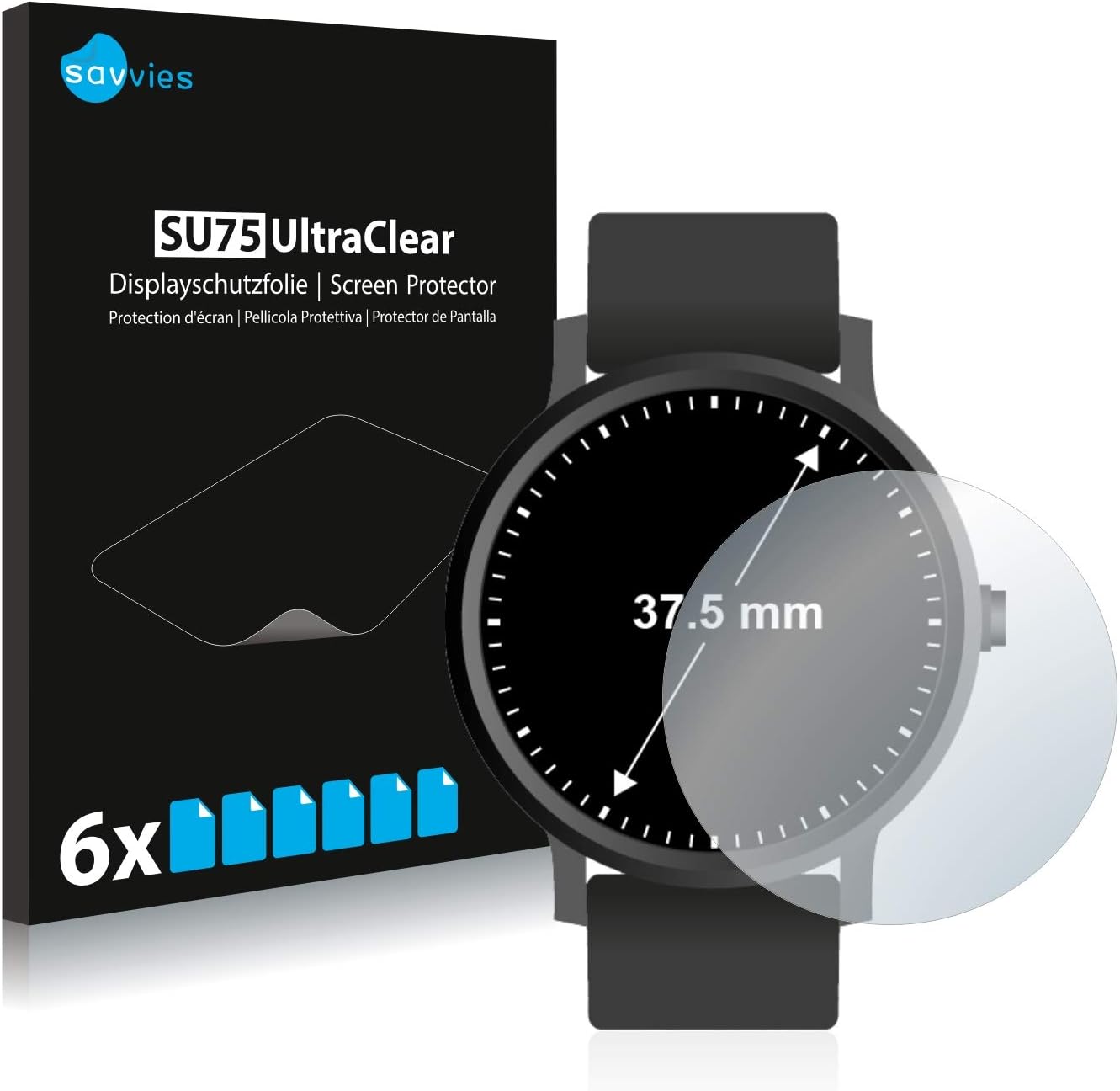 Savvies 6 Stück Schutzfolie für Armbanduhren (Kreisrund, ø: 37.5 mm) Displayschutz-Folie Ultra-Transparent - 1