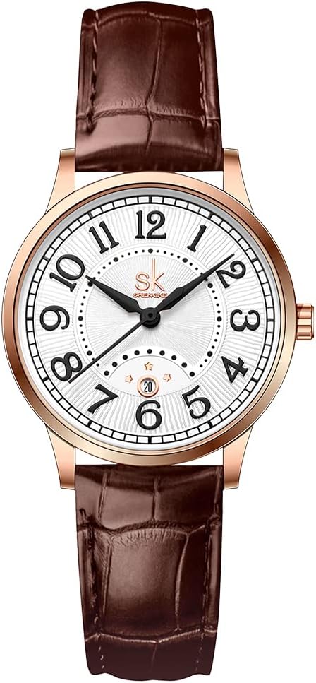 SHENGKE SK Business Klassische Damenuhr mit echtem Leder, Edelstahlband, Elegante Damenuhr Rosegoldbraun - 1
