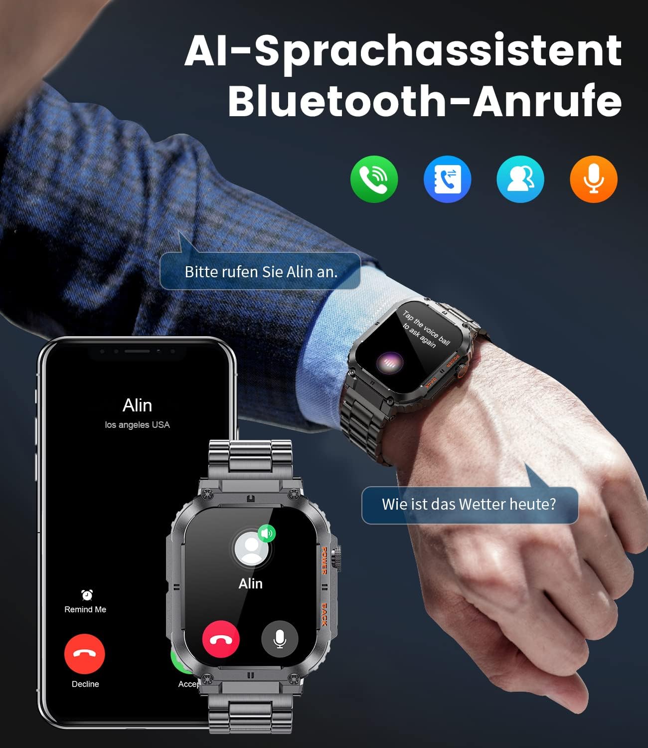 Smartwatch Herren Militärische mit Telefonfunktion,1.96'' HD Touchscreen,100+ Sportmodi Aktivitätstracker mit Herzfrequenz/SpO2/Schlafmonitor/Schrittzähler,400mah Sportuhr,5ATM Wasserdicht Schwarz Männer-Standard ASchwarz - 2 Smartwatch Herren Militärische mit Telefonfunktion,1.96'' HD Touchscreen,100+ Sportmodi Aktivitätstracker mit Herzfrequenz/SpO2/Schlafmonitor/Schrittzähler,400mah Sportuhr,5ATM Wasserdicht Schwarz Männer-Standard ASchwarz - 2