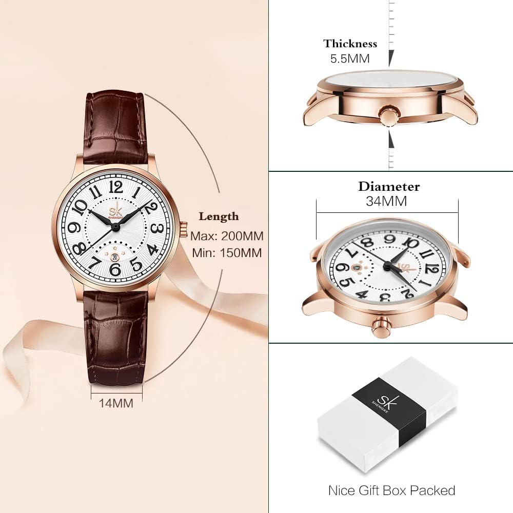 SHENGKE SK Business Klassische Damenuhr mit echtem Leder, Edelstahlband, Elegante Damenuhr Rosegoldbraun - 6 SHENGKE SK Business Klassische Damenuhr mit echtem Leder, Edelstahlband, Elegante Damenuhr Rosegoldbraun - 6