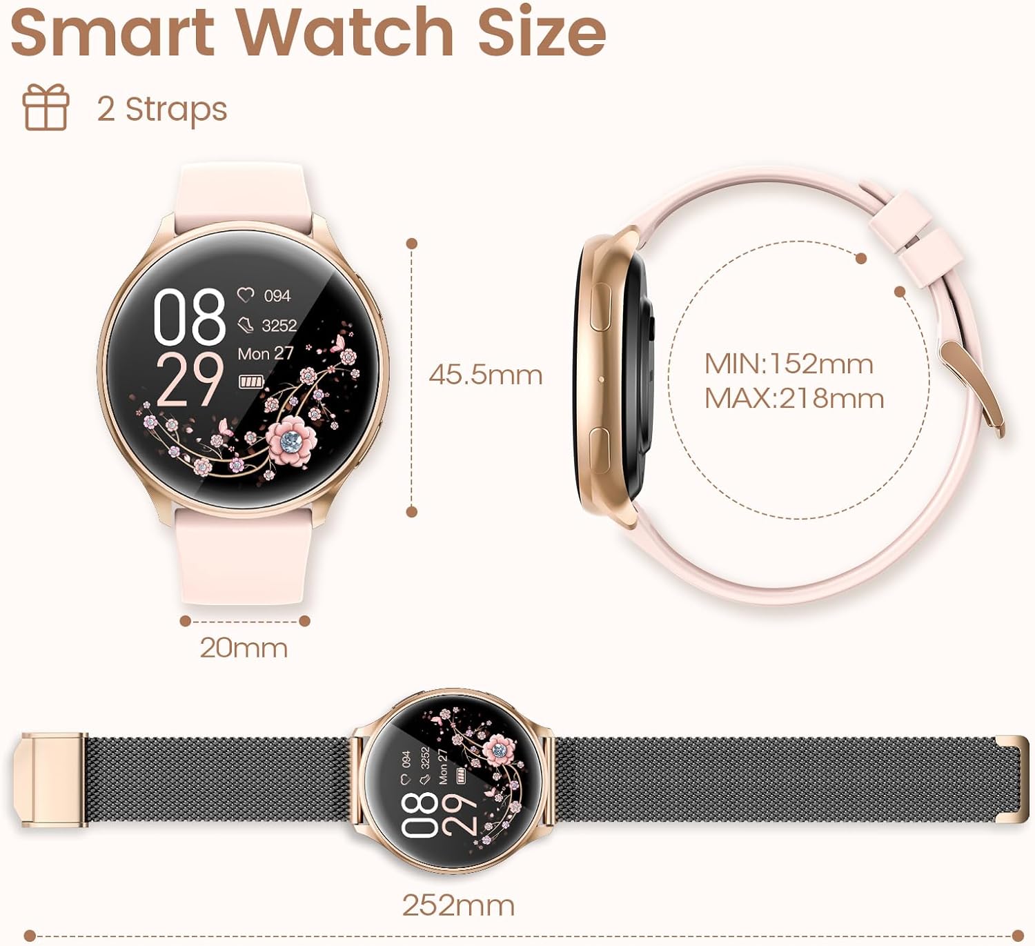 RUXINGX Smartwatch Damen mit Telefonfunktion, 1,32 Zoll HD Voll Touchscreen, IP68 Fitness Tracker mit SpO2 Pulsuhr Menstruationszyklus Schlafmonitor Schrittzähler Kalorien iOS Android Schwarz Gold - 7 RUXINGX Smartwatch Damen mit Telefonfunktion, 1,32 Zoll HD Voll Touchscreen, IP68 Fitness Tracker mit SpO2 Pulsuhr Menstruationszyklus Schlafmonitor Schrittzähler Kalorien iOS Android Schwarz Gold - 7