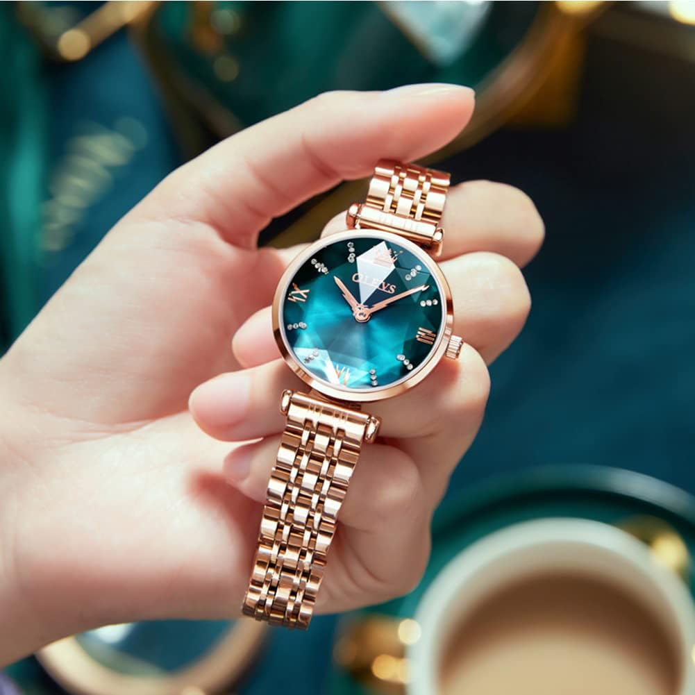 OLEVS Damenuhren Analog Quarz Armbanduhren mit Diamant Kleines Gesicht Gold Edelstahlband wasserdichte Uhr Grün - 3