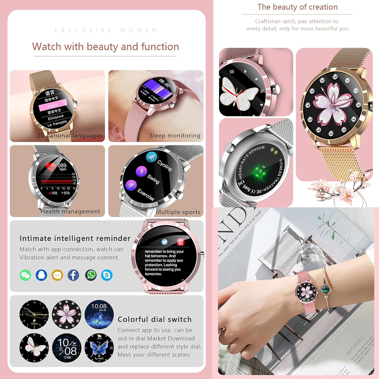 Smartwatch Damen, 1.09 Zoll Touch Fitnessuhr, 22 Sportmodi Fitness Tracker mit Schrittzähler Stoppuhr, IP68 Wasserdicht Smart Watch mit Pulsuhr, Schlafmonitor, Sportuhr Armbanduhr Android IOS - 6 Smartwatch Damen, 1.09 Zoll Touch Fitnessuhr, 22 Sportmodi Fitness Tracker mit Schrittzähler Stoppuhr, IP68 Wasserdicht Smart Watch mit Pulsuhr, Schlafmonitor, Sportuhr Armbanduhr Android IOS - 6
