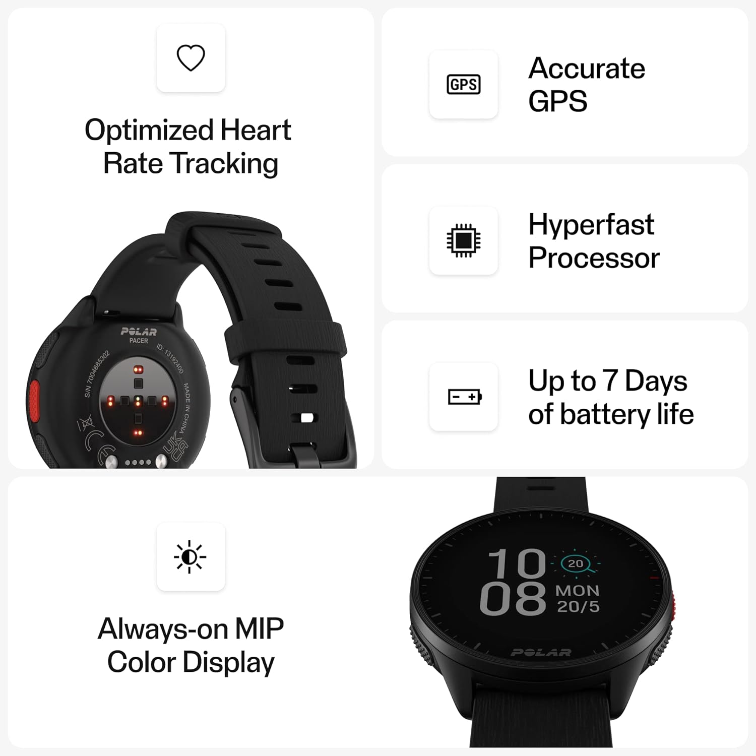 Polar Pacer - GPS-Laufuhr - Smartwatch für Damen & Herren - Pulsuhr - Sport & Fitness - ultraleichte Uhr mit Schrittzähler, personalisierten Trainingsprogrammen & Erholungsfunktionen, Musiksteuerung Night Black Pacer - 4