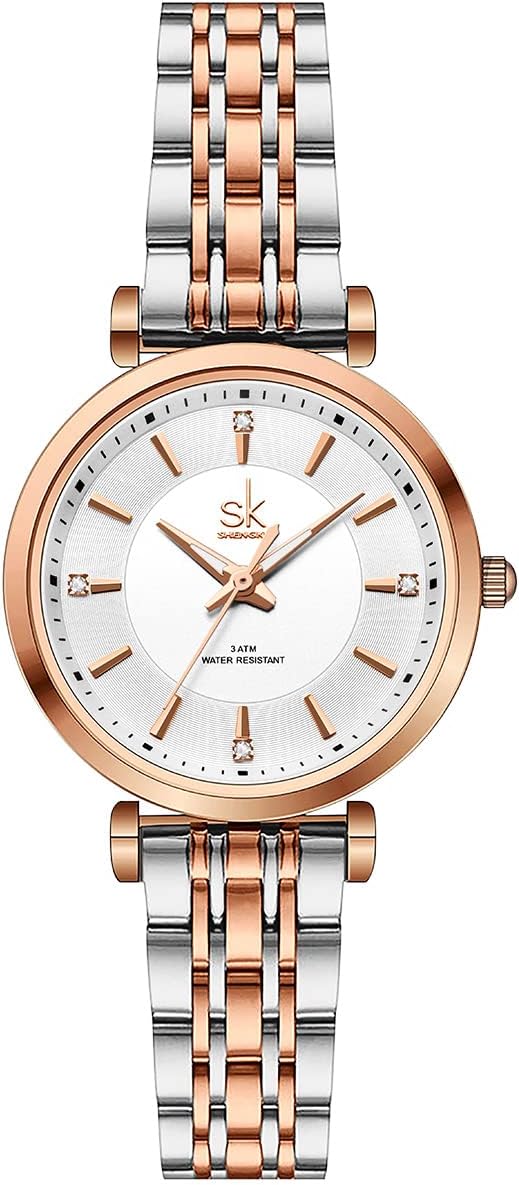 SHENGKE SK Klassische Frauen Uhren Mode Damen Kleid Uhr Solide Edelstahl Band Echtes Lederband Silver-rosegold - 1