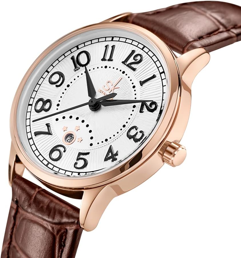 SHENGKE SK Business Klassische Damenuhr mit echtem Leder, Edelstahlband, Elegante Damenuhr Rosegoldbraun - 2 SHENGKE SK Business Klassische Damenuhr mit echtem Leder, Edelstahlband, Elegante Damenuhr Rosegoldbraun - 2