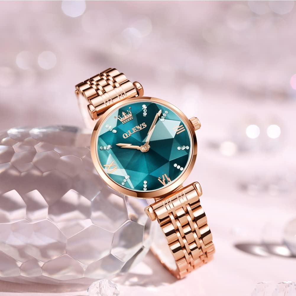 OLEVS Damenuhren Analog Quarz Armbanduhren mit Diamant Kleines Gesicht Gold Edelstahlband wasserdichte Uhr Grün - 2